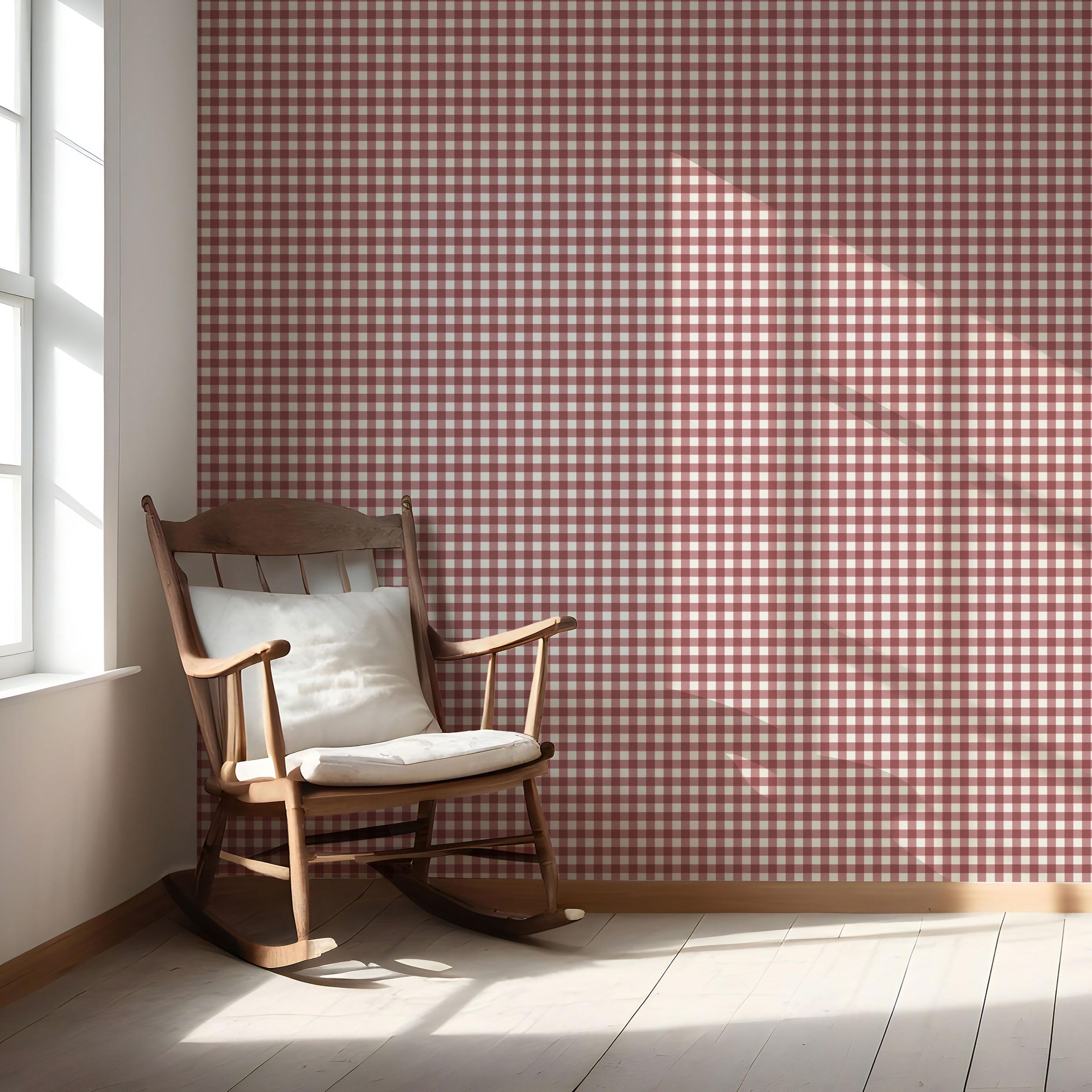 Geometric Gingham Checkered Nursery Wallpaper Sample (Cranberry Red)