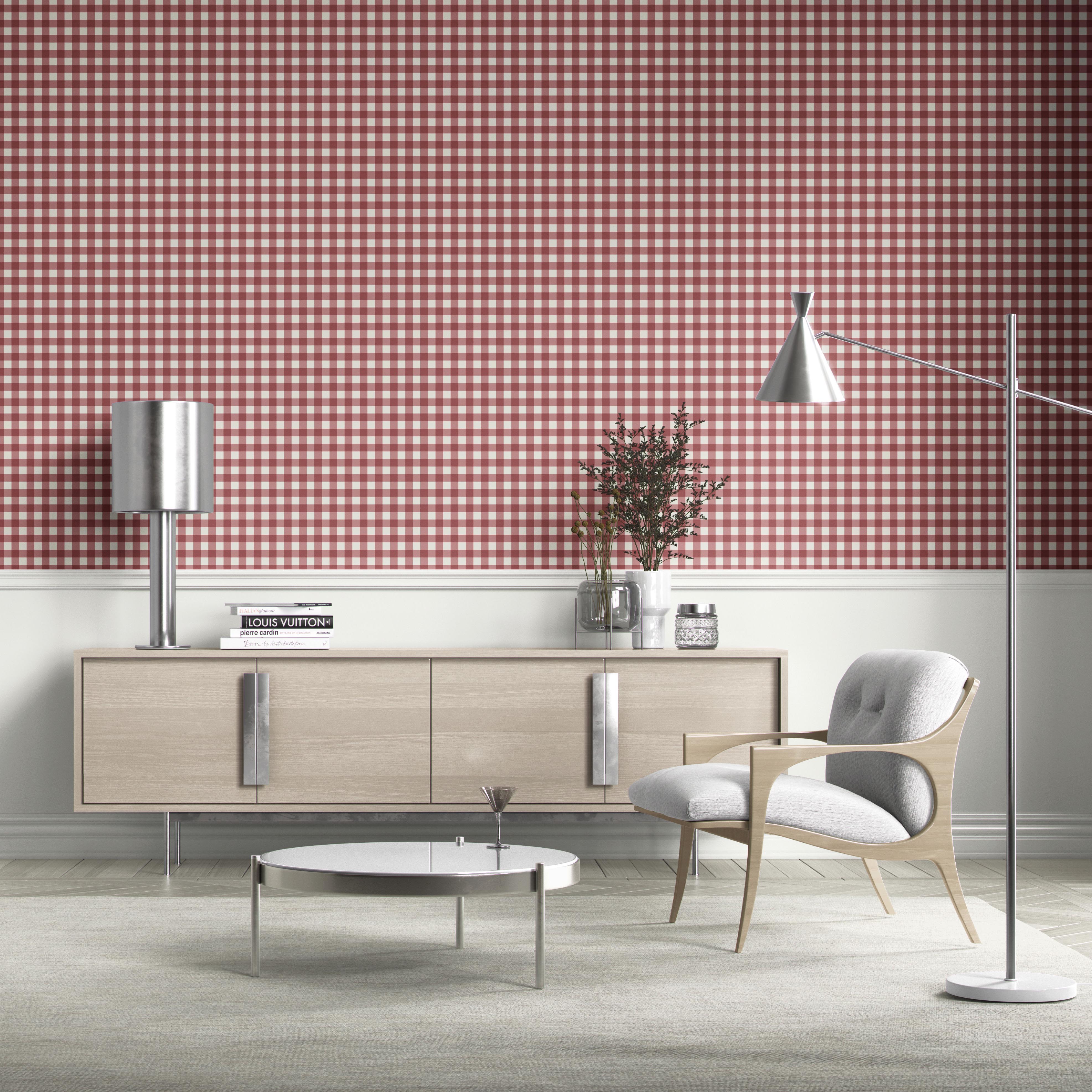 Geometric Gingham Checkered Bathroom Wallpaper Sample (Cranberry Red)