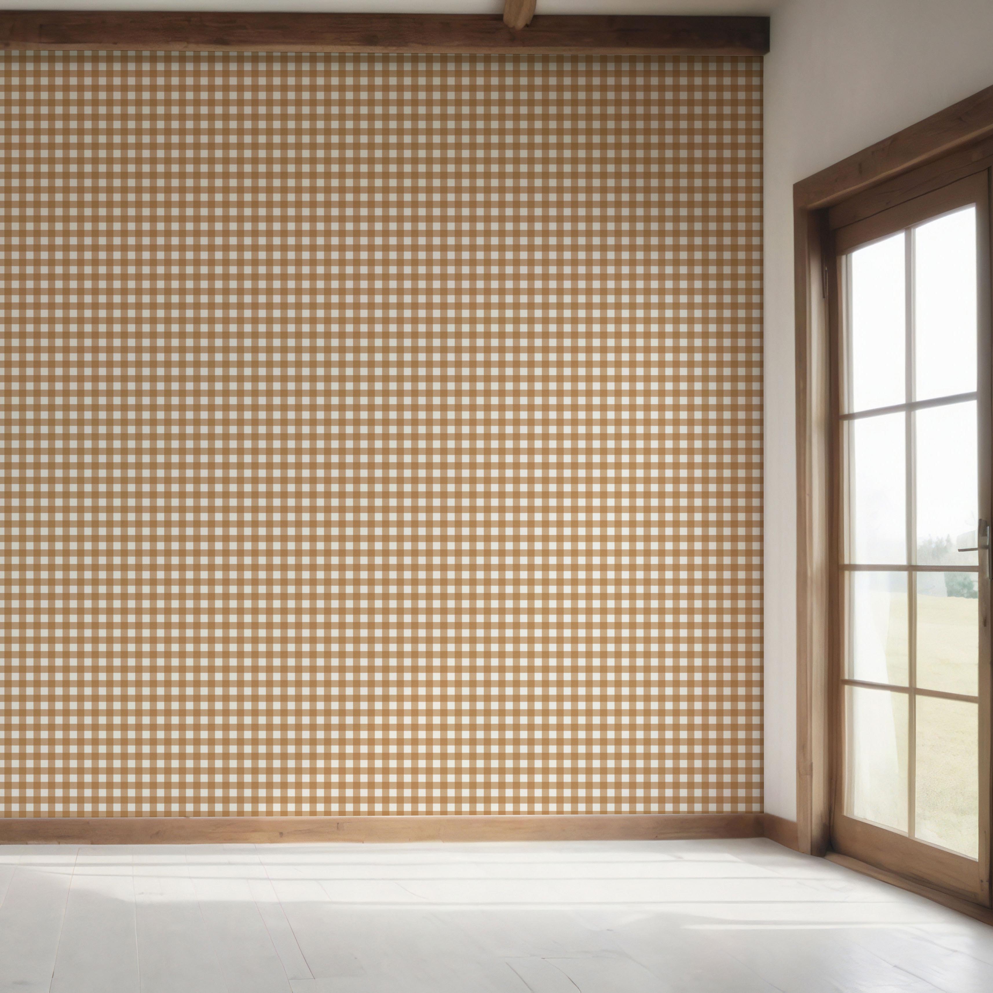 Geometric Gingham Checkered Bedroom Wallpaper Sample (Bronze Orange)