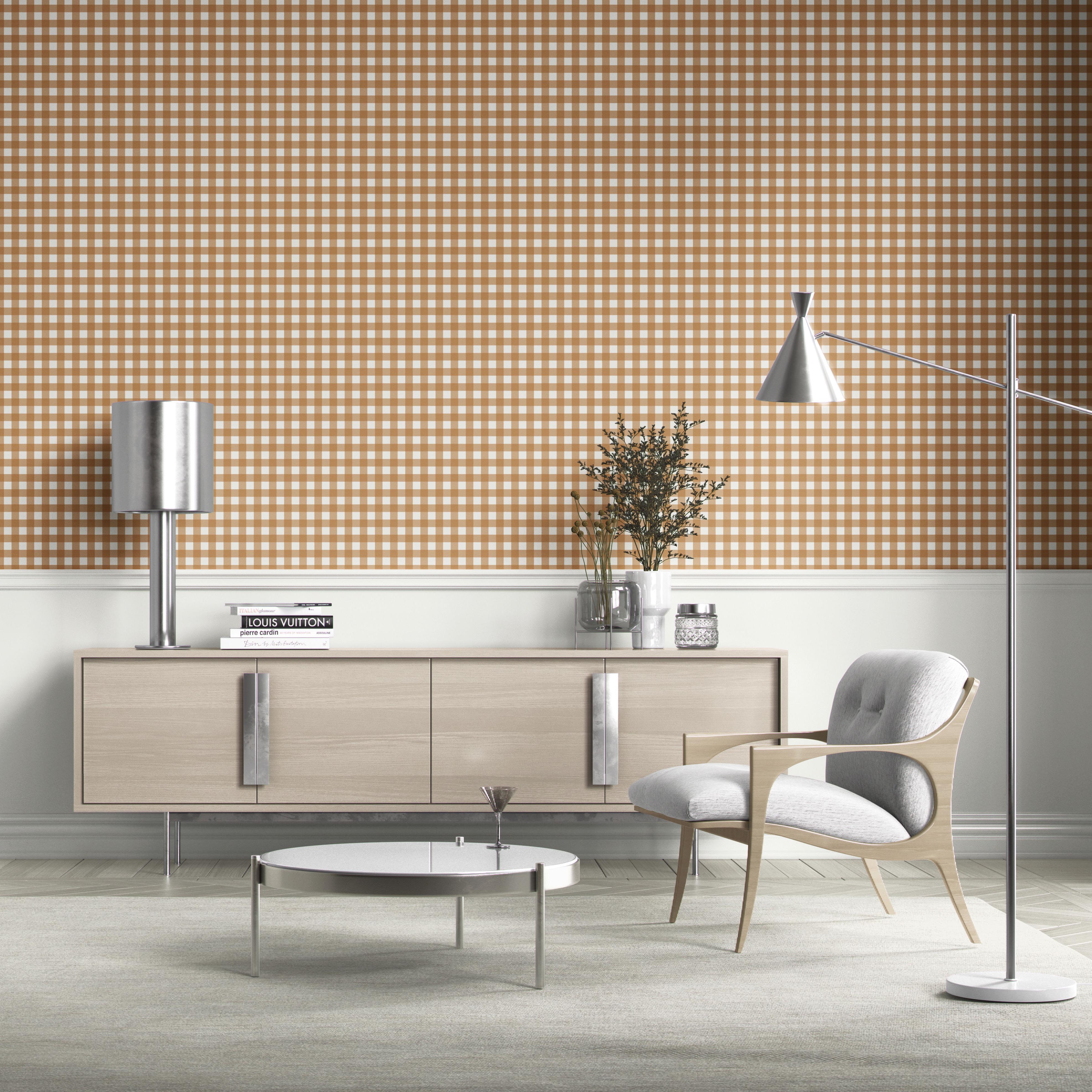 Geometric Gingham Checkered Bathroom Wallpaper Sample (Bronze Orange)