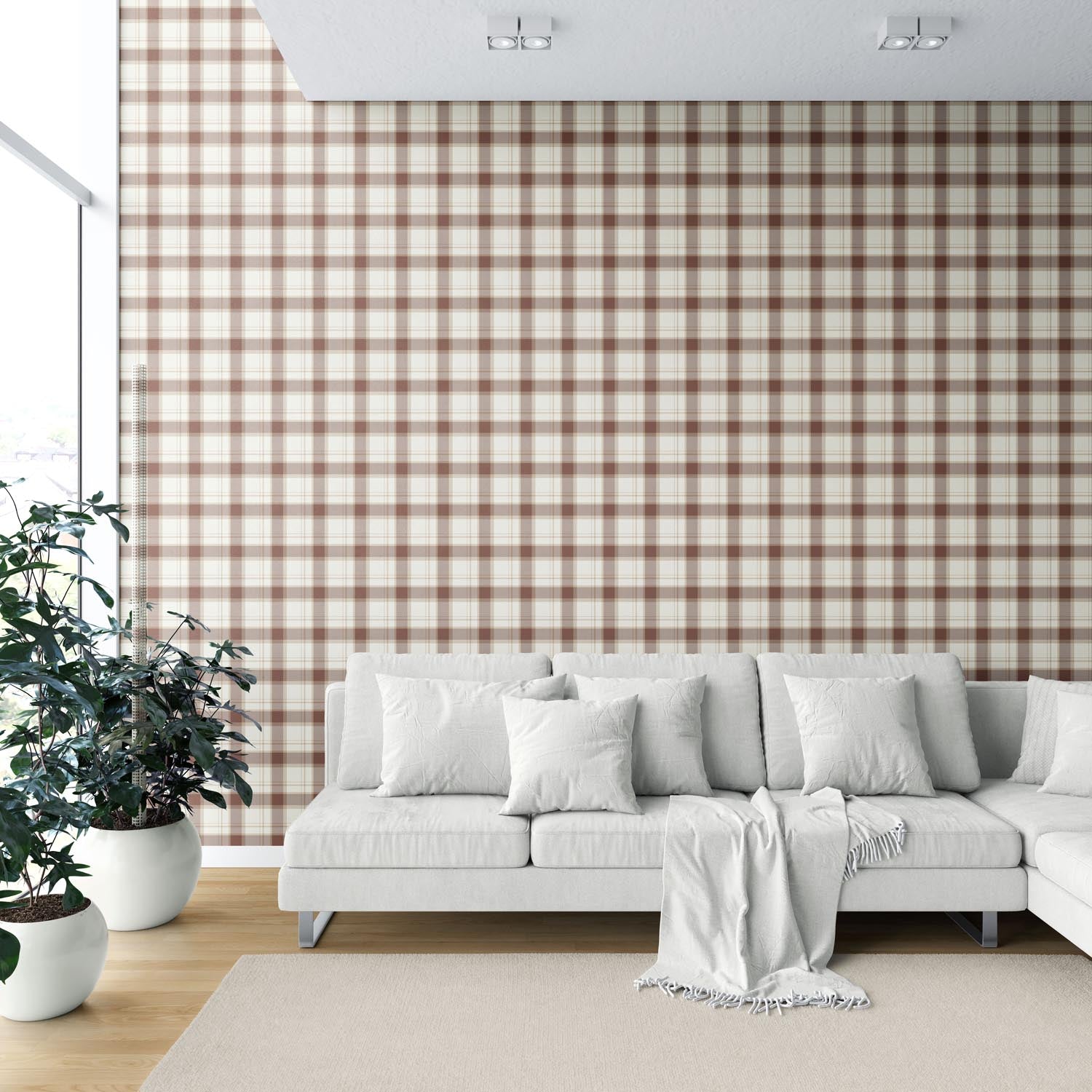 Neutral Geometric Plaid Checkered Shower Toilet Wallpaper Sample (Brown/ Off-White)