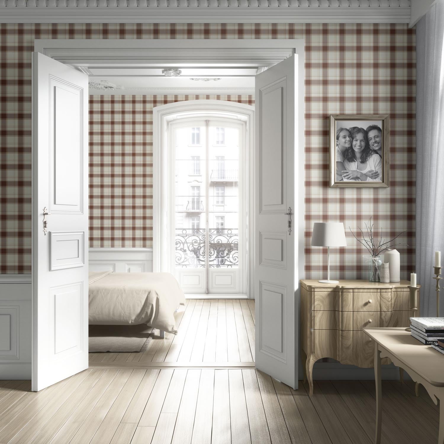 Neutral Geometric Plaid Checkered Living Room Wallpaper (Brown/ Off-White)