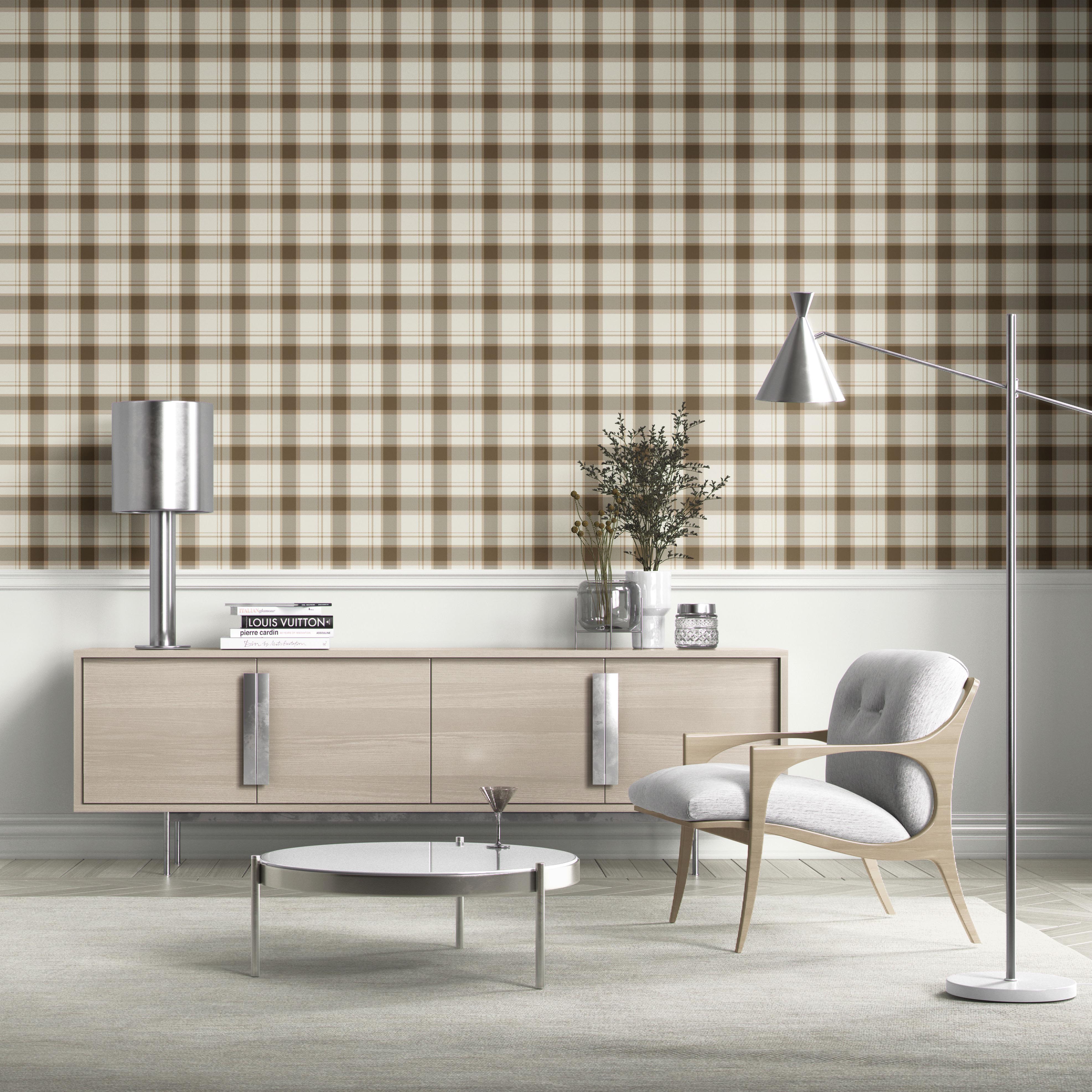 Neutral Geometric Plaid Checkered Kitchen Wallpaper (Mocha Brown/ Beige/ Off-White)