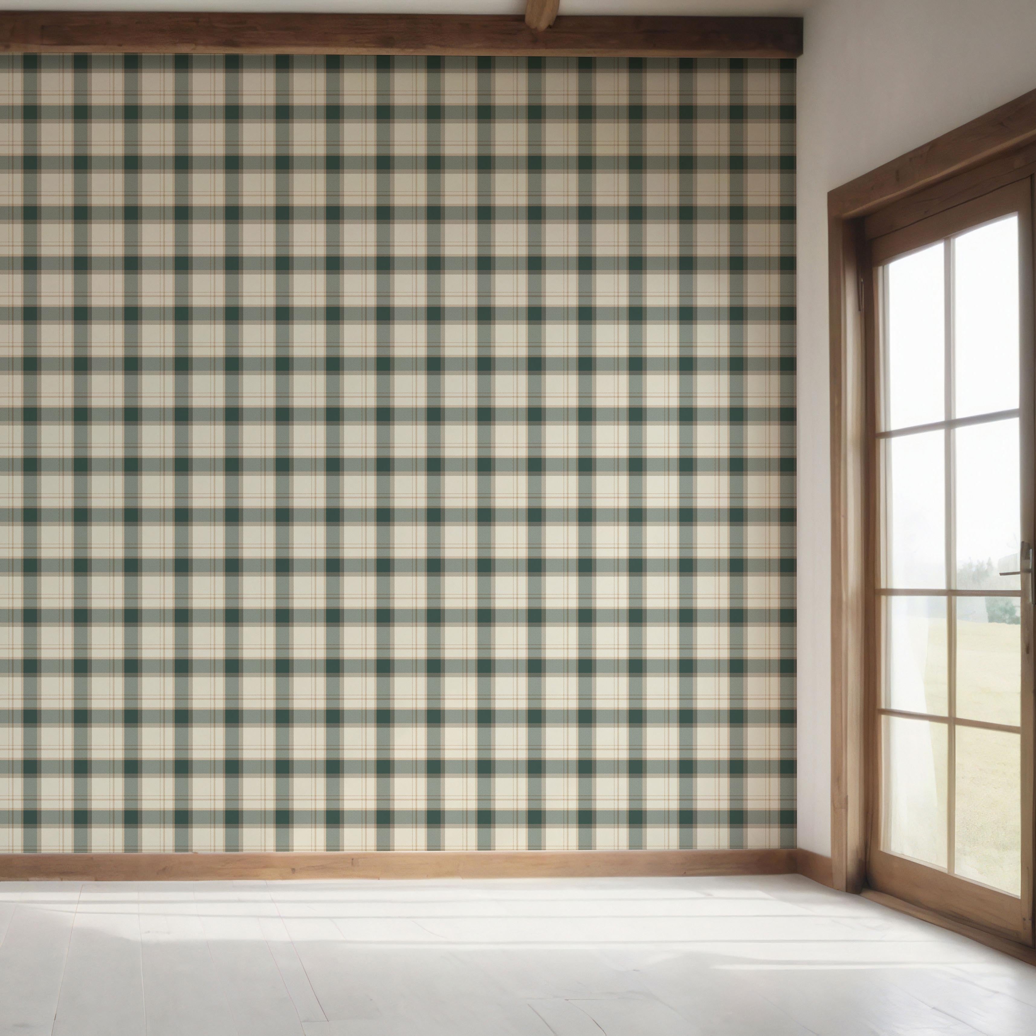 Geometric Plaid Checkered Bedroom Wallpaper Sample (Teal Green/ Beige/ Off-White)