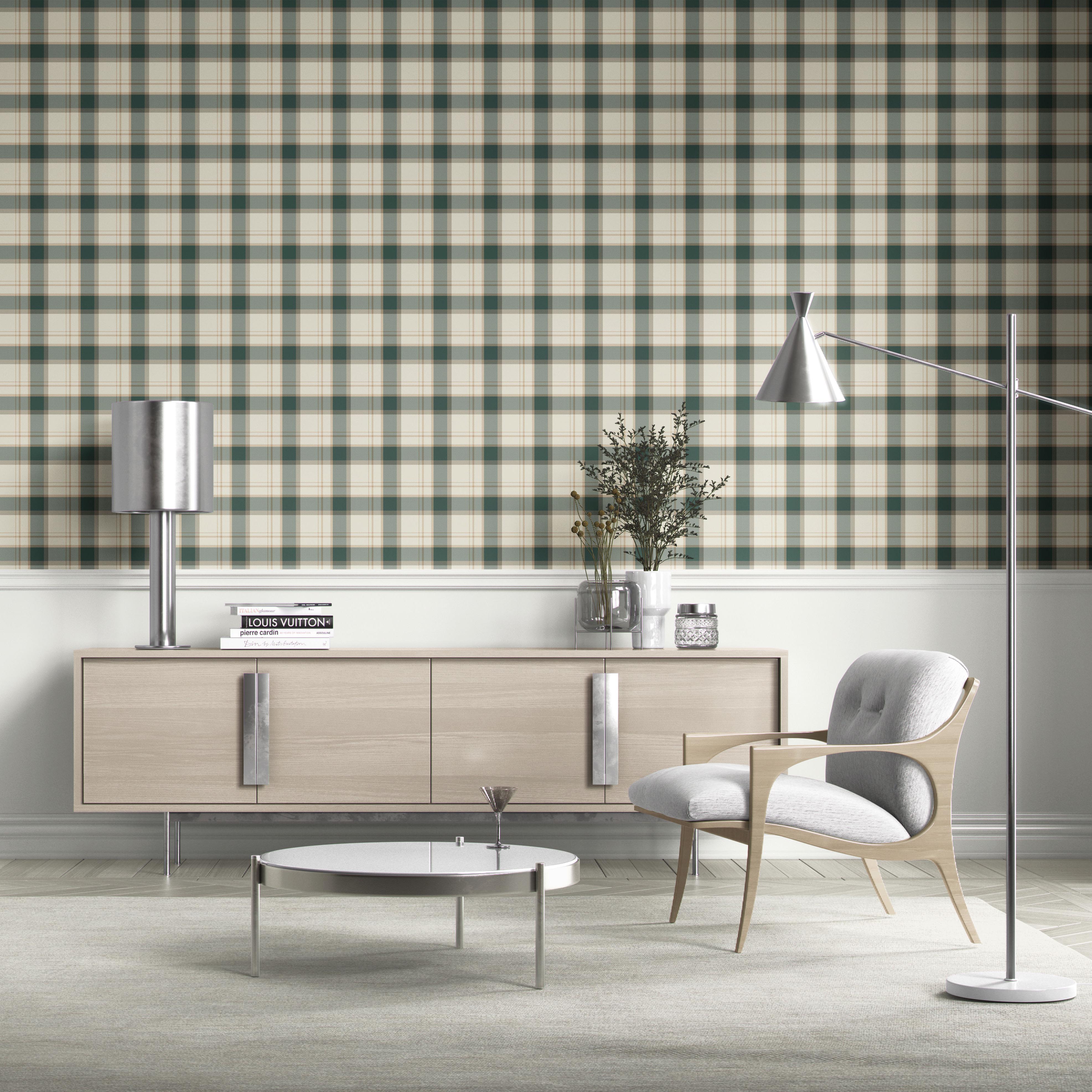 Geometric Plaid Checkered Kitchen Wallpaper (Teal Green/ Beige/ Off-White)