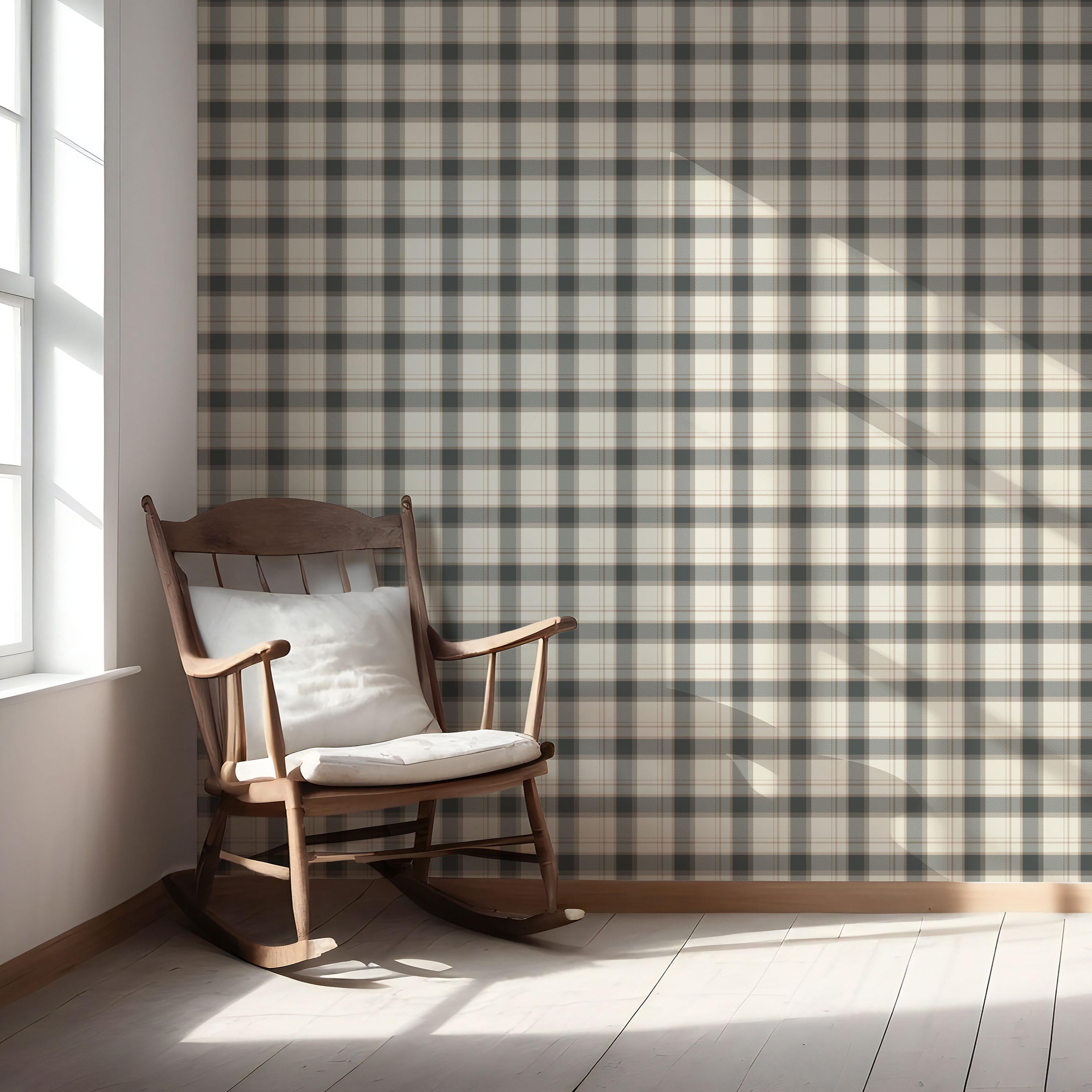 Neutral Geometric Plaid Checkered Nursery Wallpaper (Charcoal Black/ Off-White/ Beige)