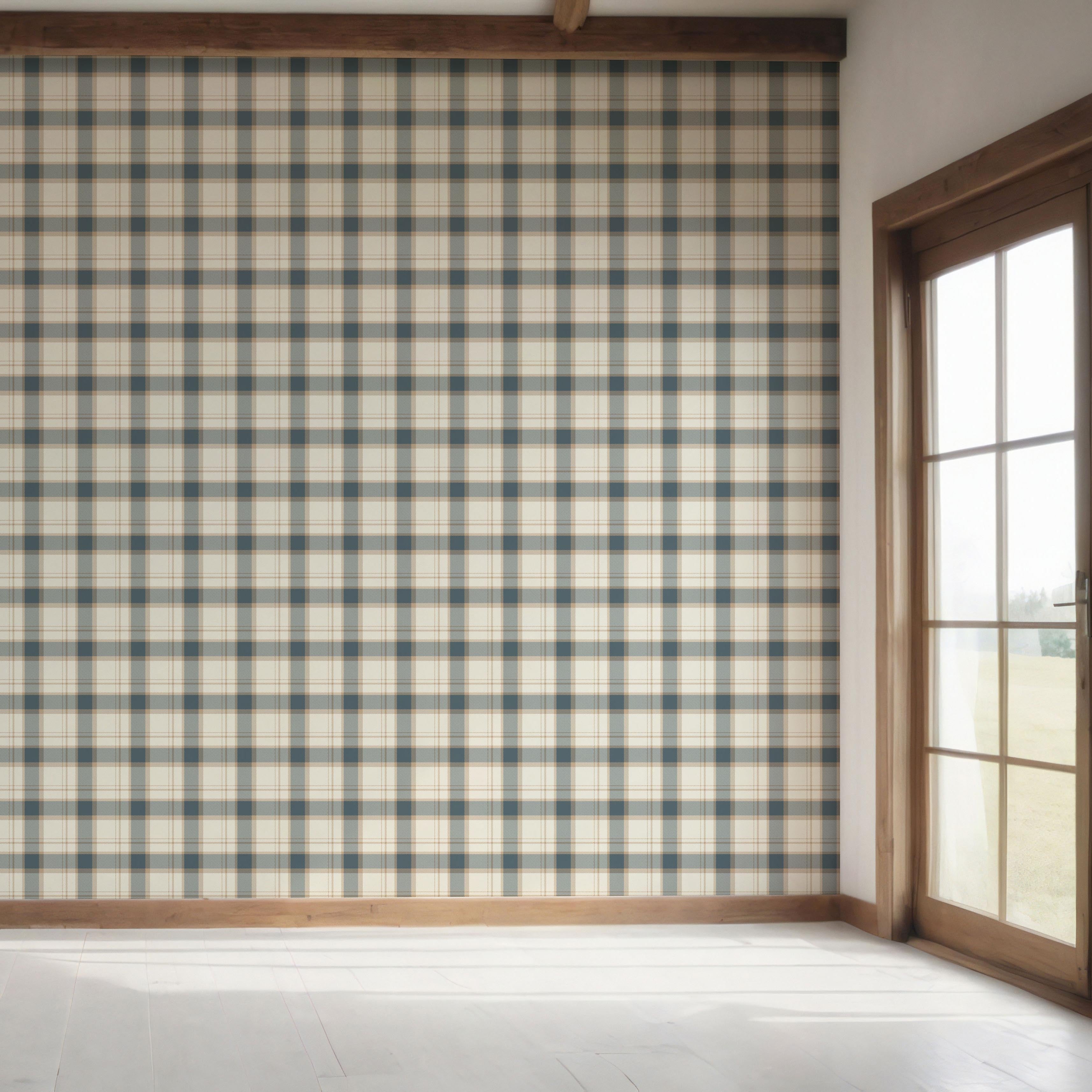Neutral Geometric Plaid Checkered Bedroom Wallpaper (Teal Blue/ Off-White/ Beige)