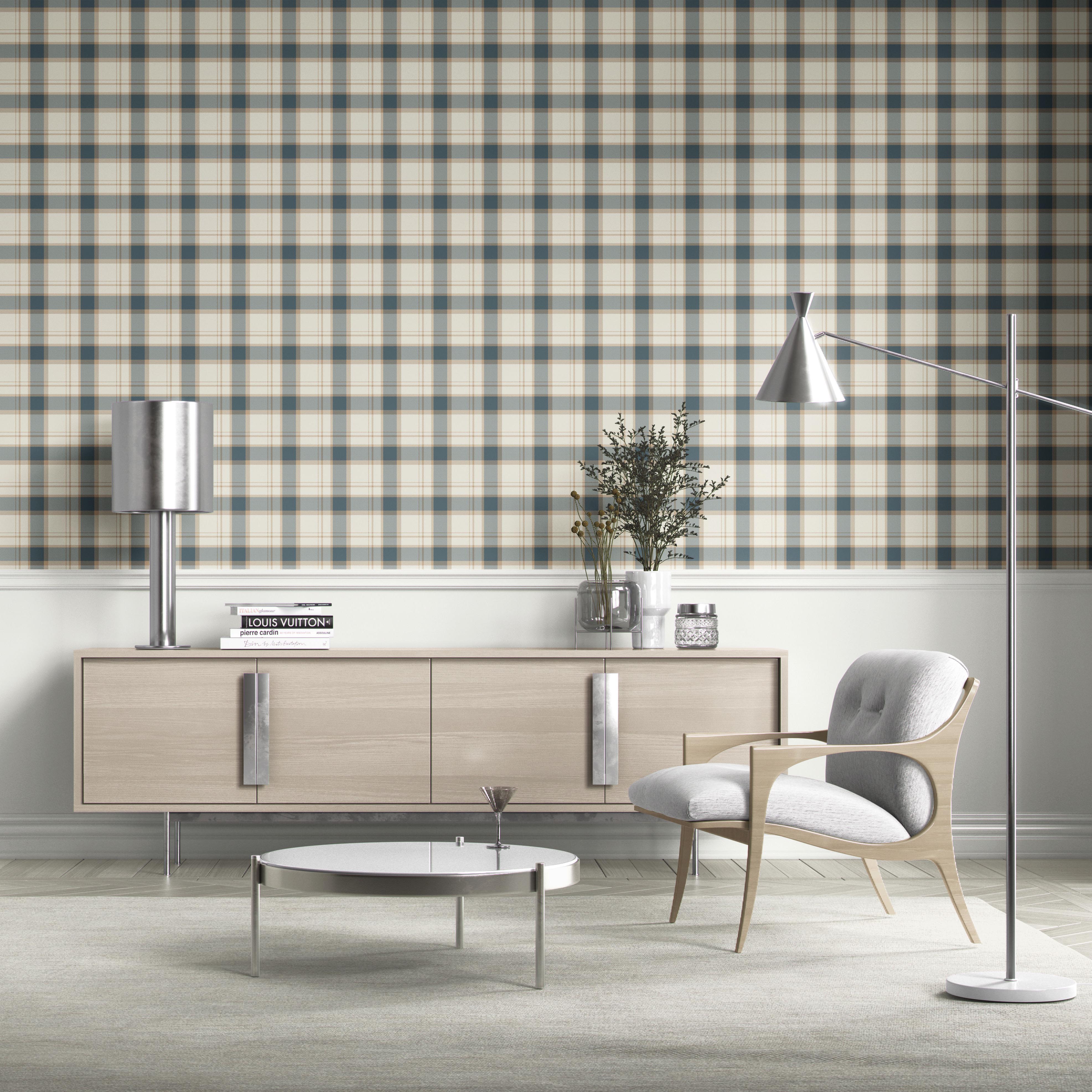 Neutral Geometric Plaid Checkered Kitchen Wallpaper Sample (Teal Blue/ Off-White/ Beige)