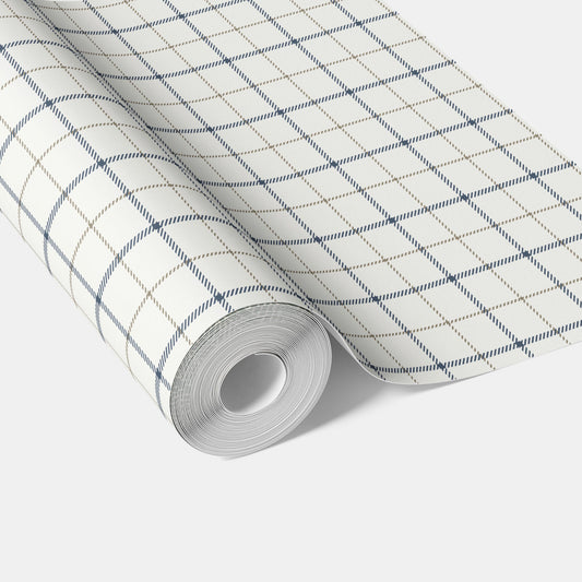 Windowpane Checkered/ Plaid Traditional Wallpaper Sample (Navy Blue/ White/ Taupe)