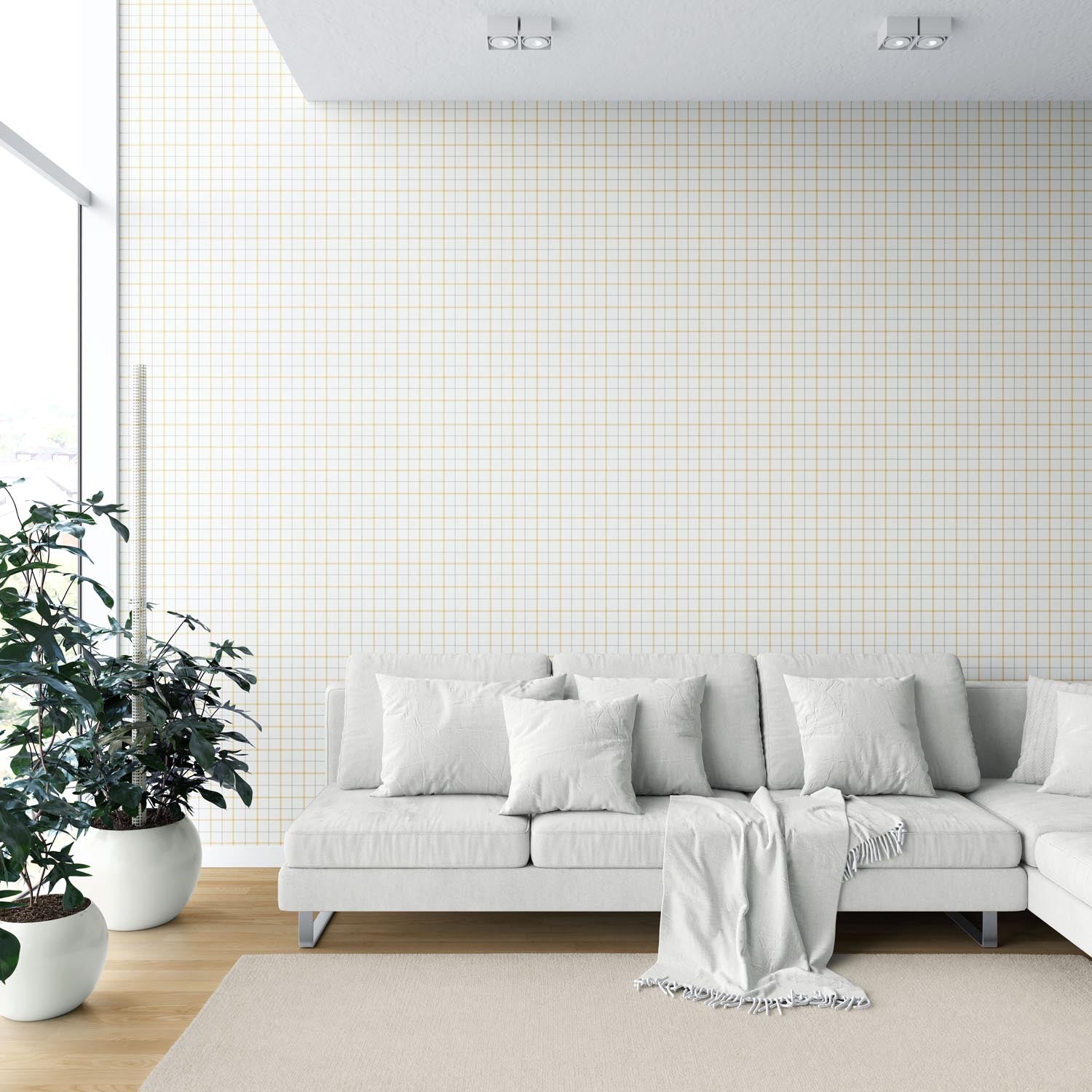 Windowpane Checkered/ Plaid Shower Toilet Wallpaper Sample (Mustard Yellow/ White/ Taupe)