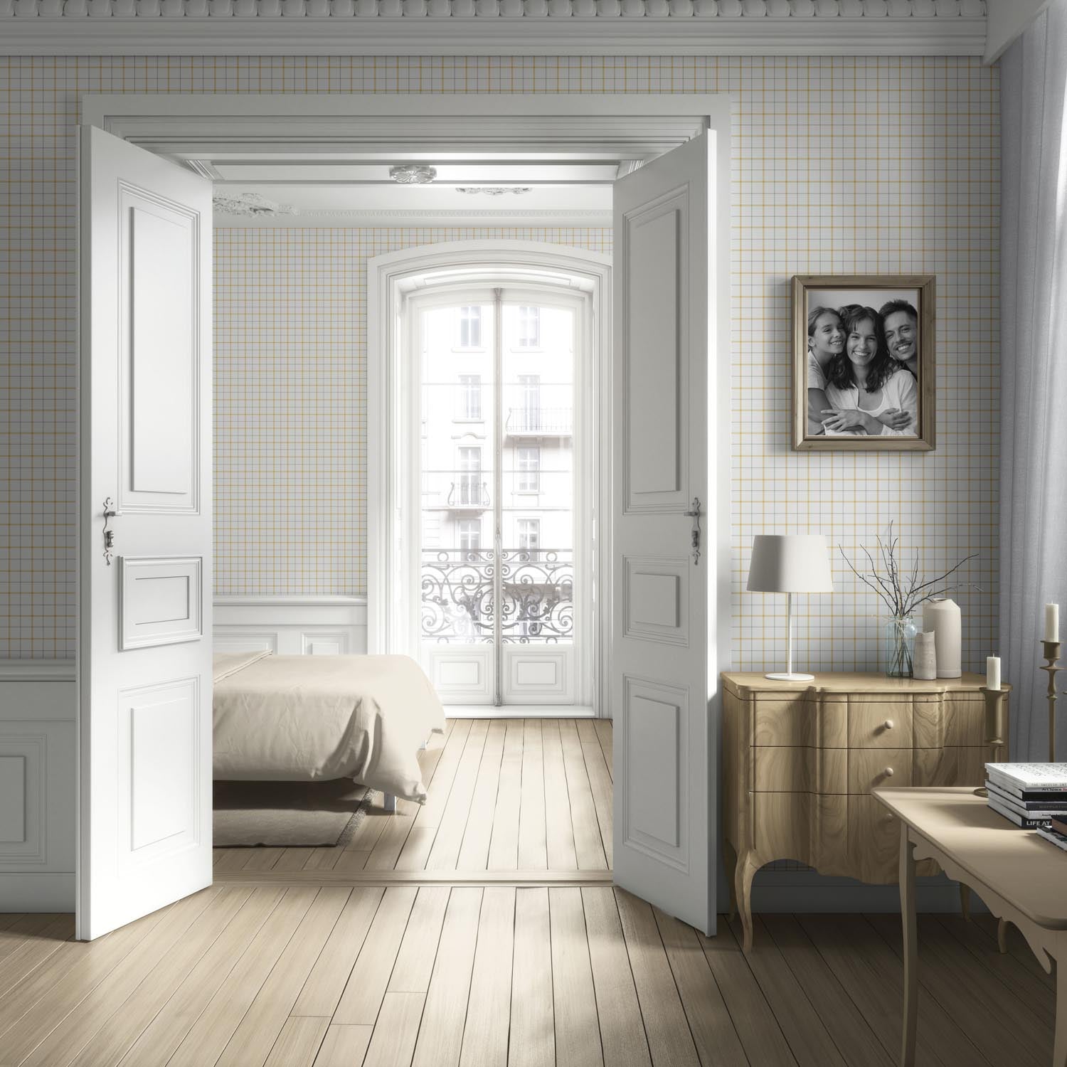 Windowpane Checkered/ Plaid Living Room Wallpaper Sample (Mustard Yellow/ White/ Taupe)