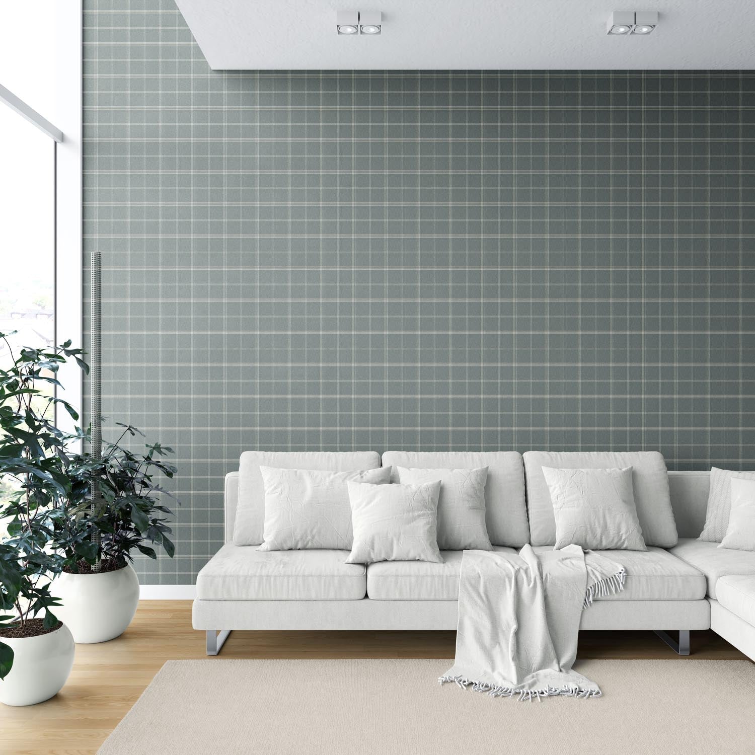 Geometric Plaid Checkered Shower Toilet Wallpaper Sample (Blue-Gray)
