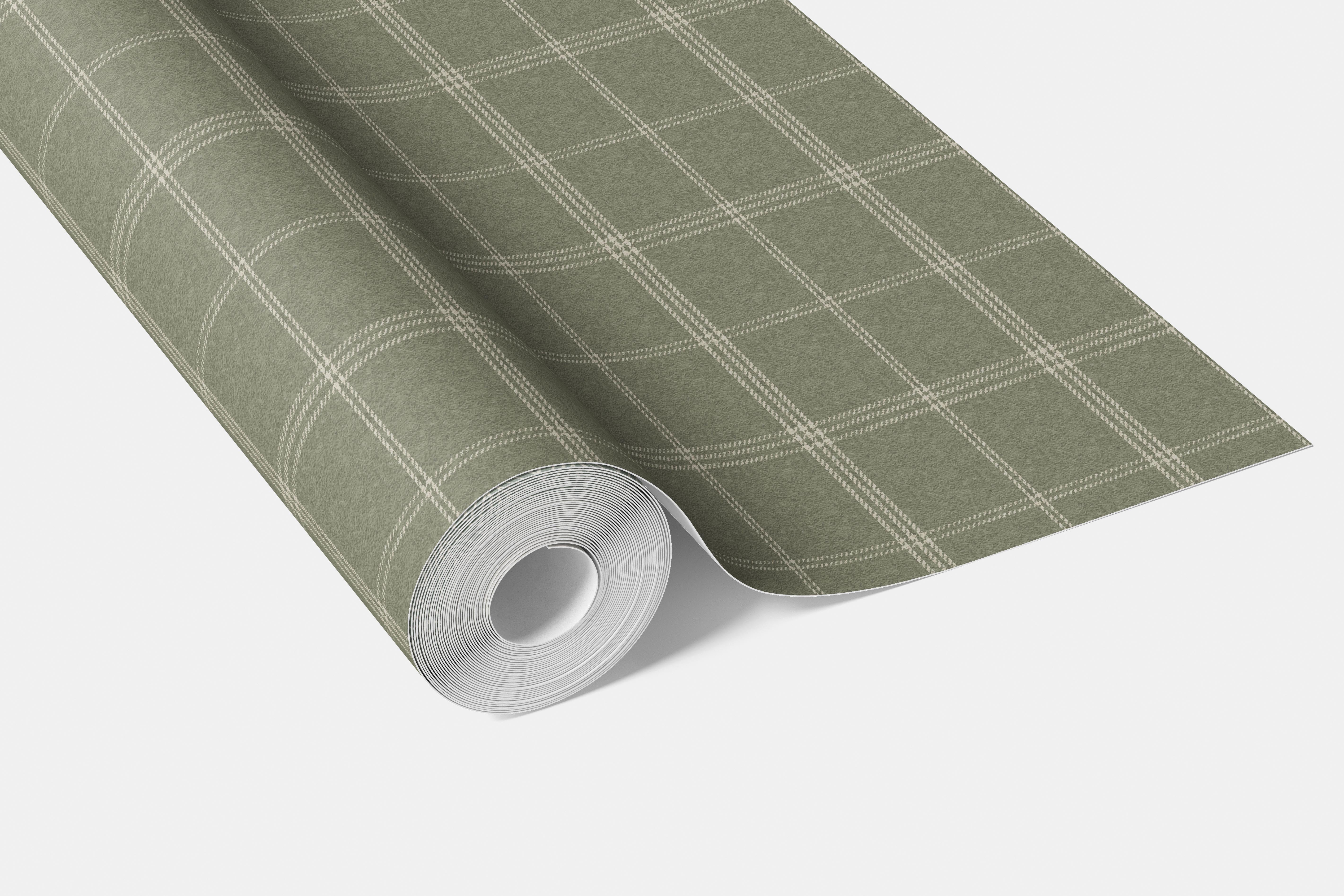 Geometric Plaid Checkered Bathroom Wallpaper (Olive Green)