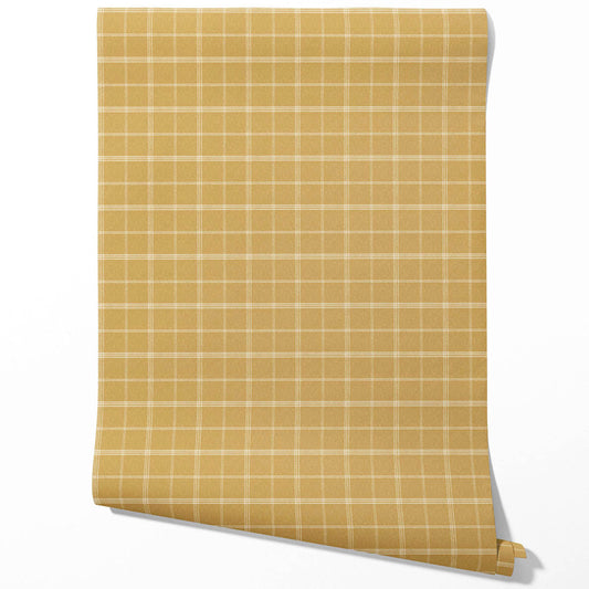 Geometric Plaid Checkered Traditional Wallpaper Sample (Mustard Yellow)