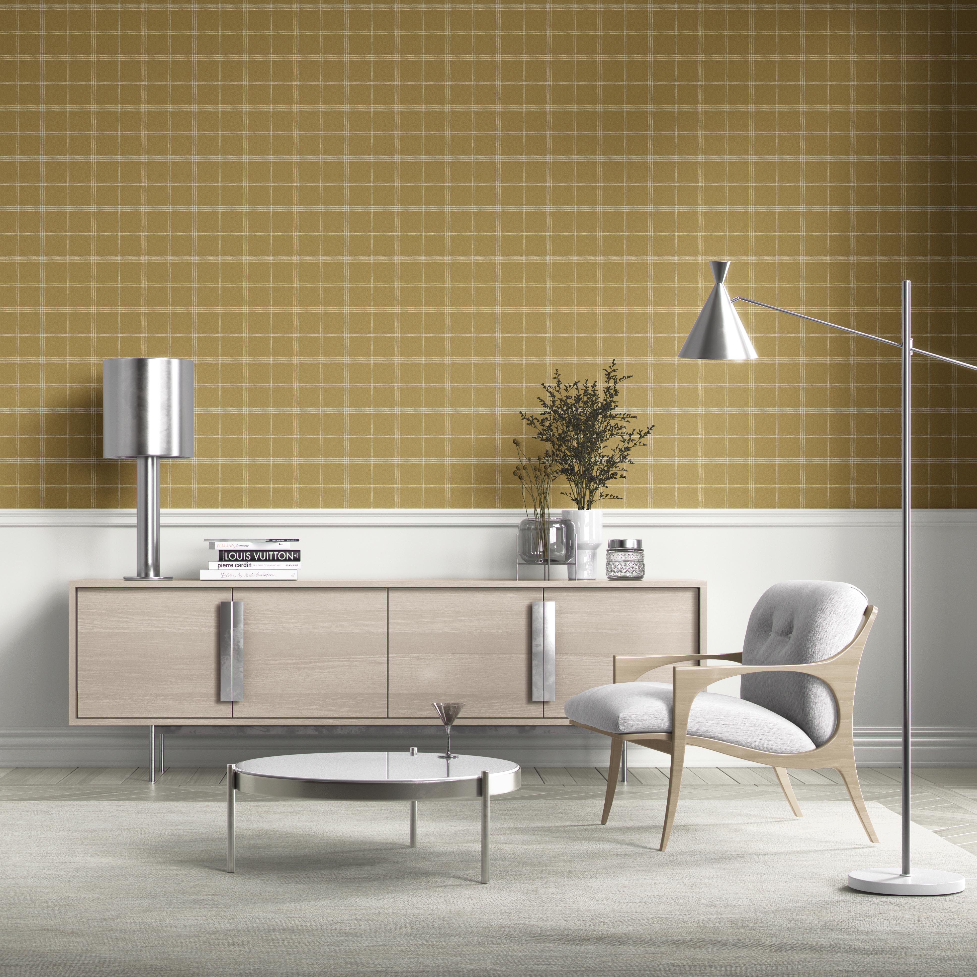 Geometric Plaid Checkered Kitchen Wallpaper Sample (Mustard Yellow)