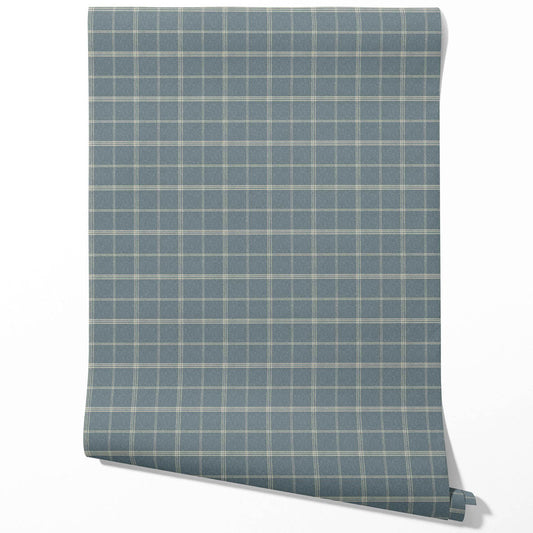 Neutral Geometric Plaid Checkered Traditional Wallpaper Sample (Slate Blue)