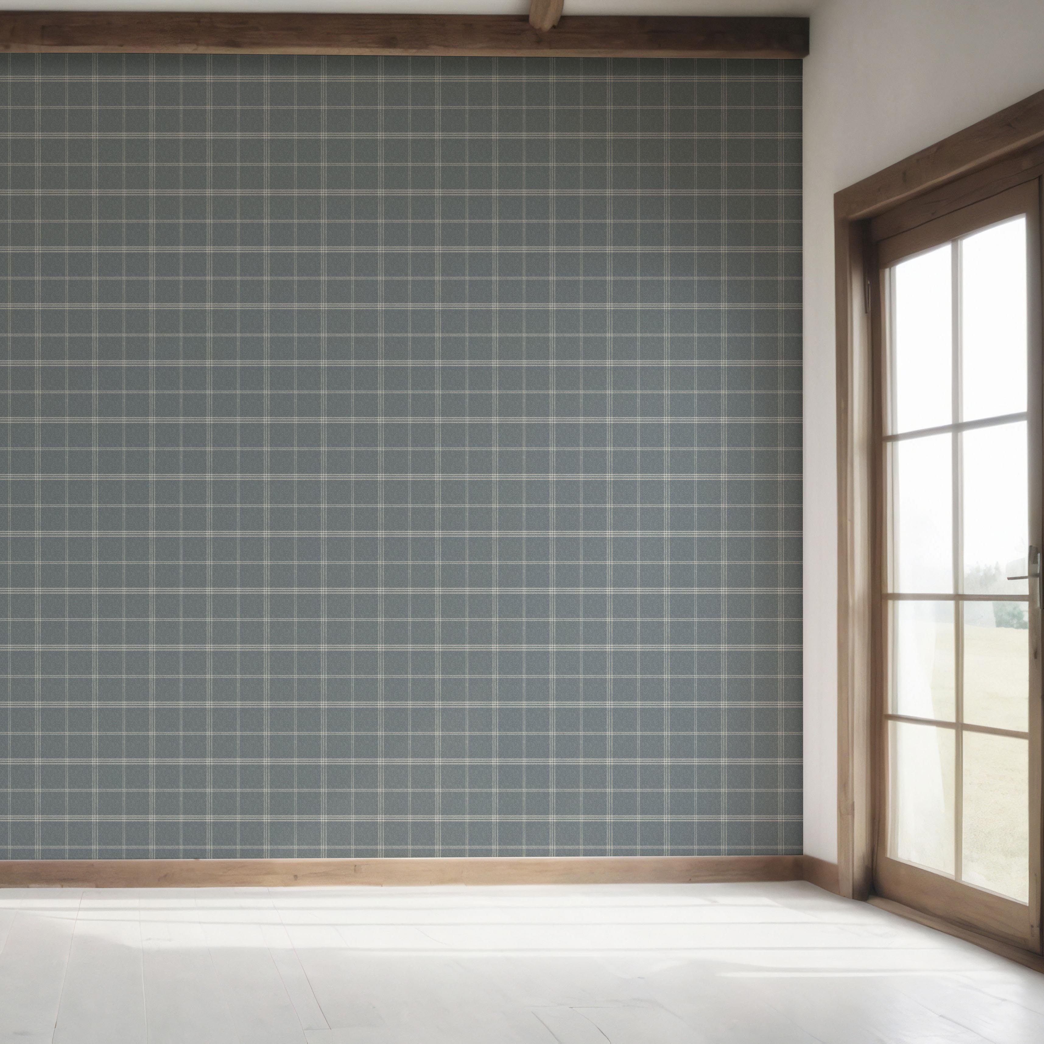 Neutral Geometric Plaid Checkered Bedroom Wallpaper Sample (Slate Blue)