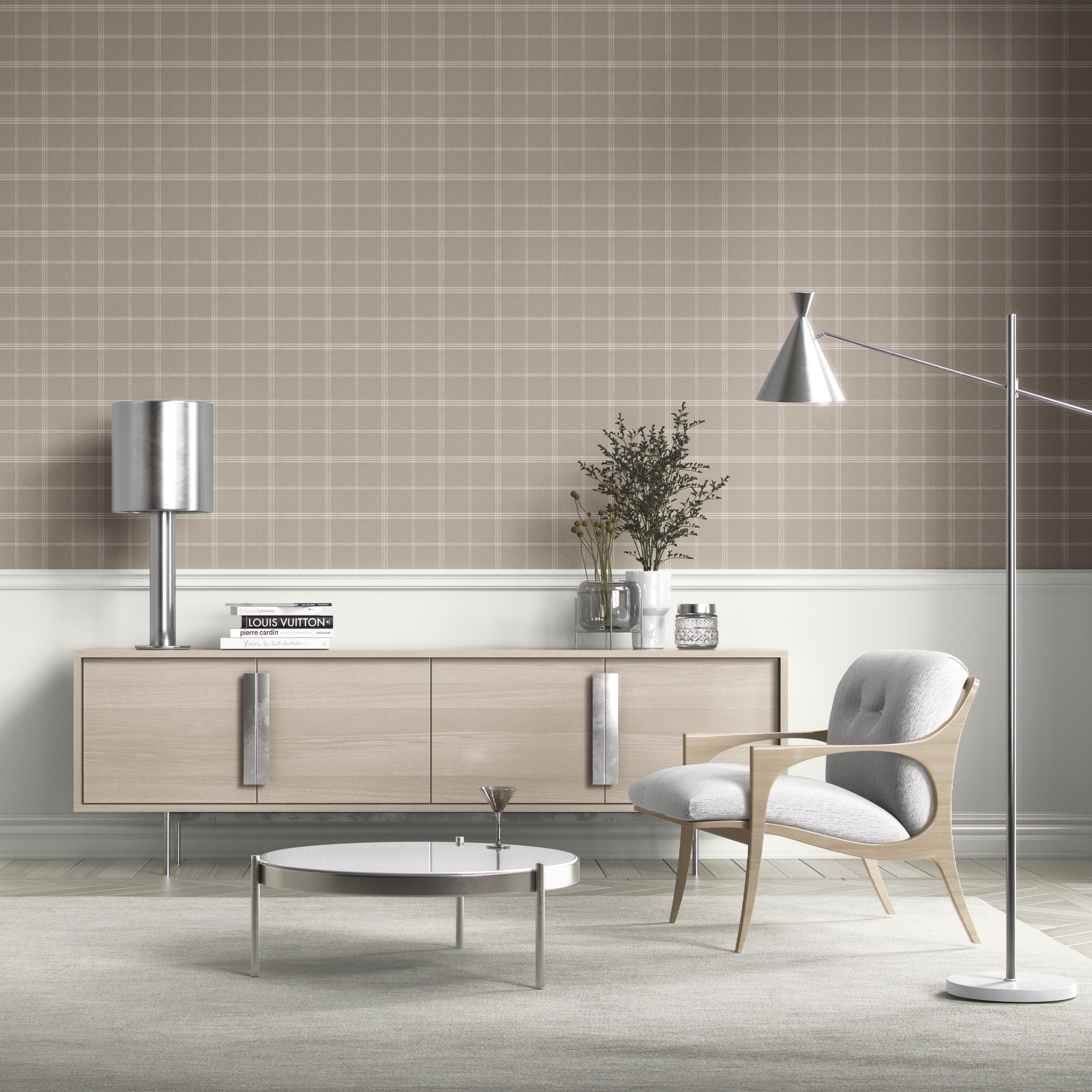 Neutral Geometric Plaid Checkered Kitchen Wallpaper (Beige/ Warm Gray/ Greige/ Taupe)