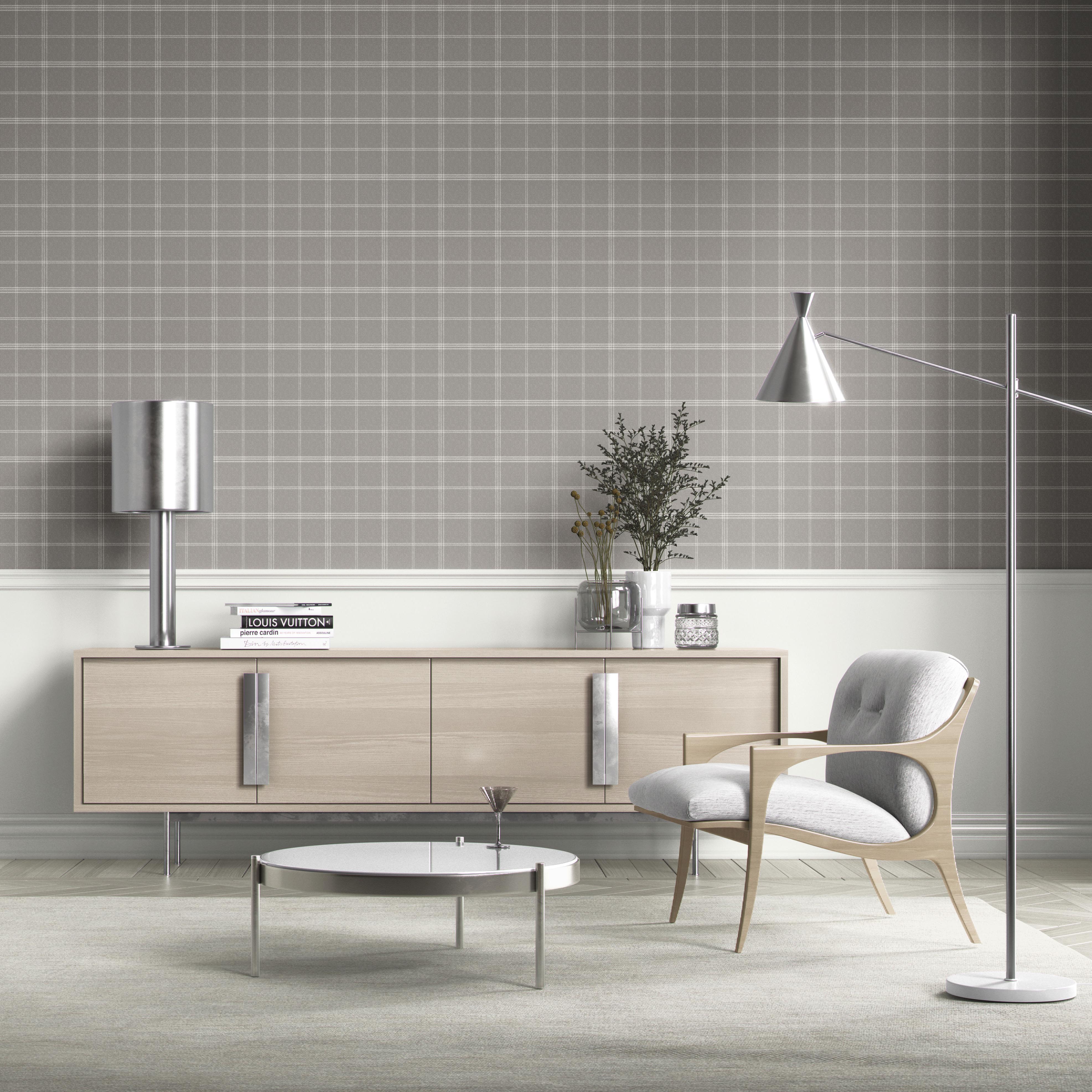 Neutral Geometric Plaid Checkered Kitchen Wallpaper Sample (Silver Gray)