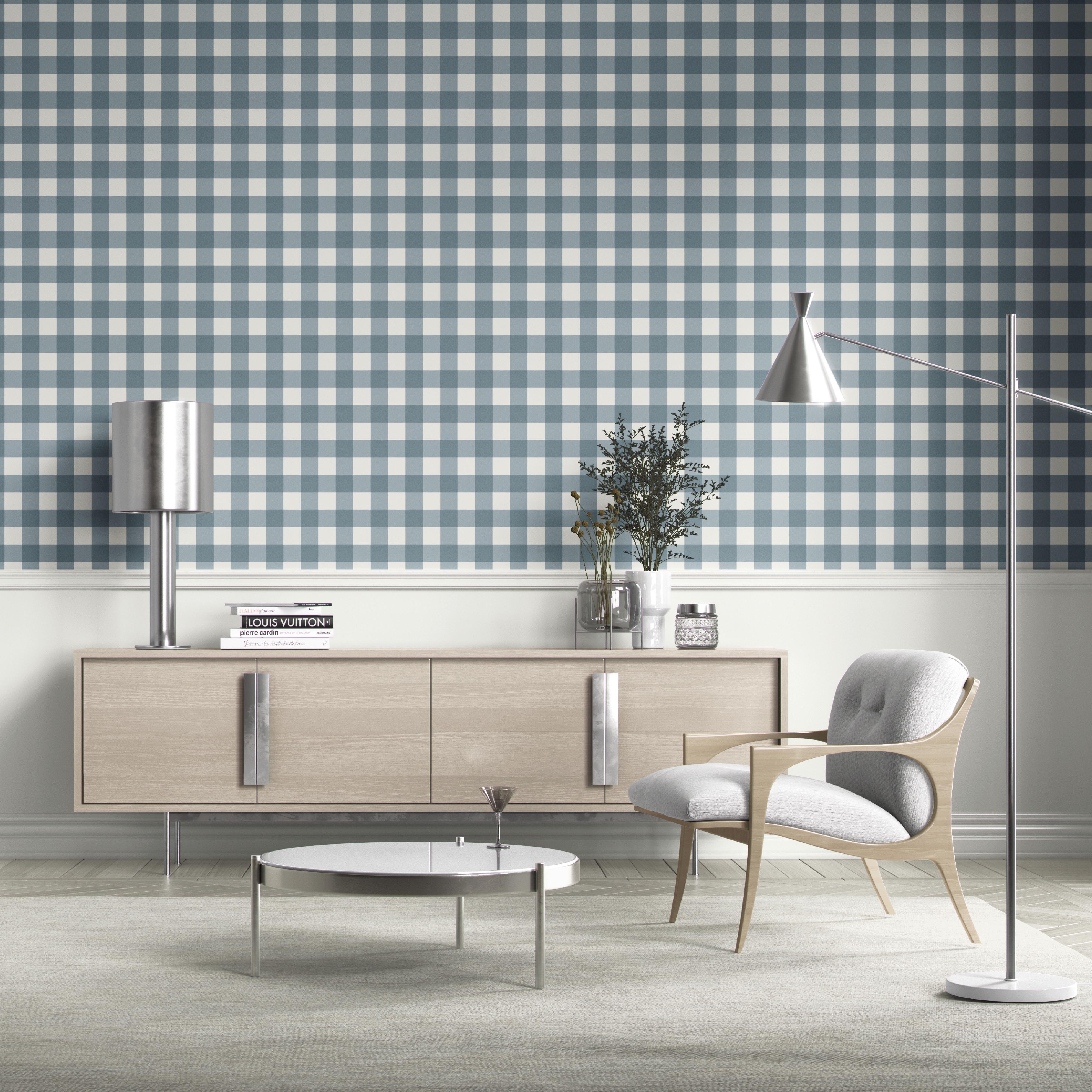 Geometric Gingham Checkered Bathroom Wallpaper Sample (Navy Blue)