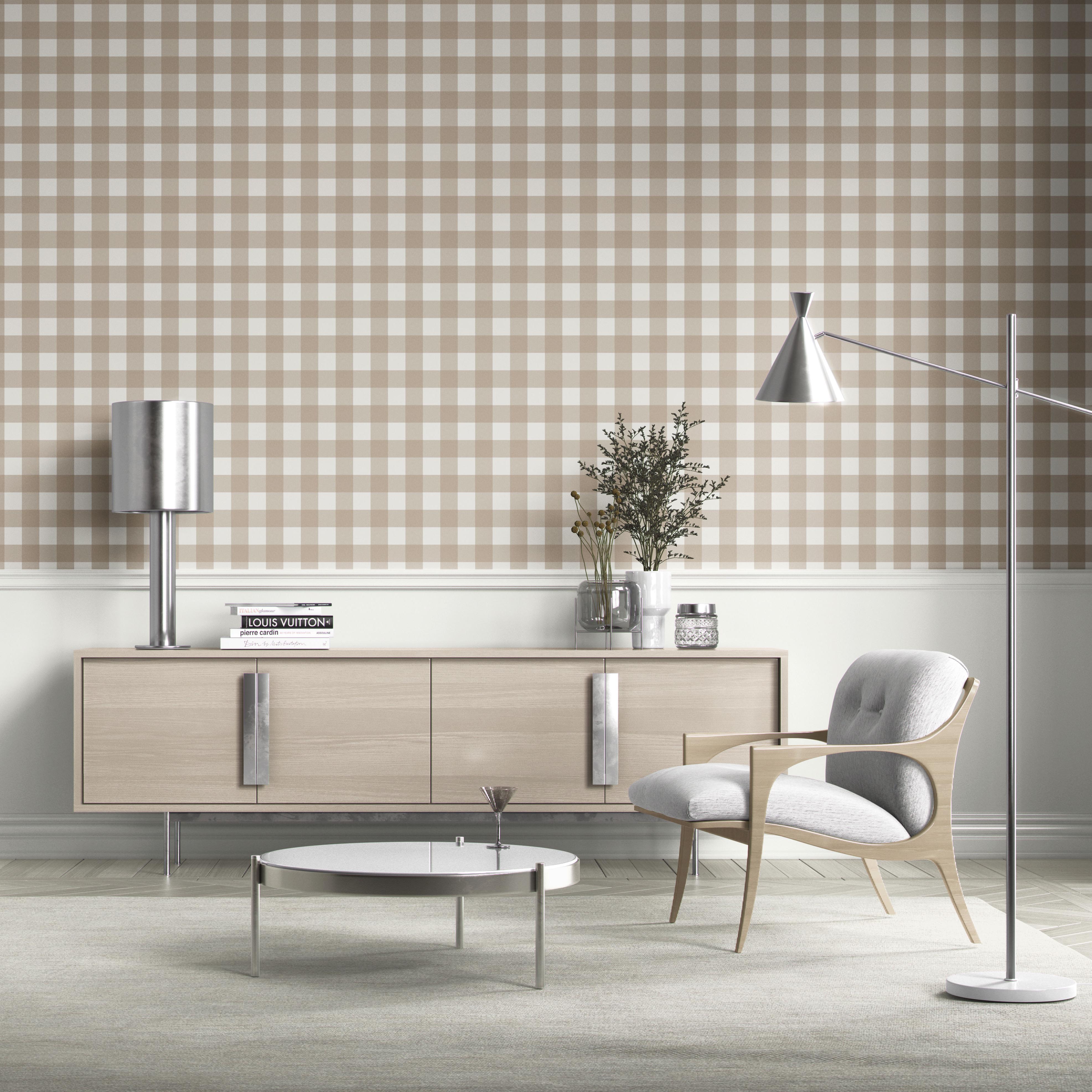 Neutral Geometric Gingham Checkered Bathroom Wallpaper Sample (Light Beige/ Greige)