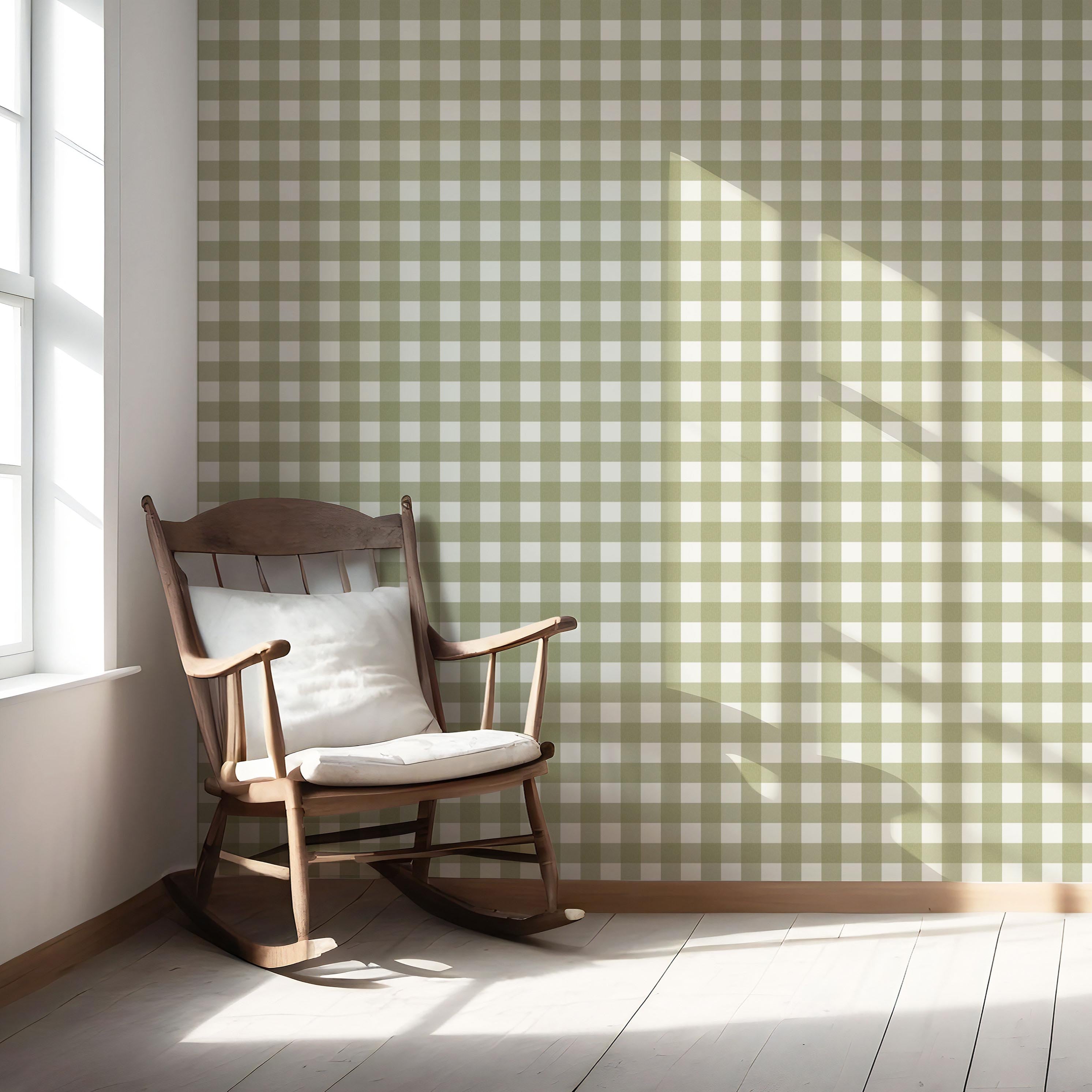 Geometric Gingham Checkered Nursery Wallpaper Sample (Olive Green)