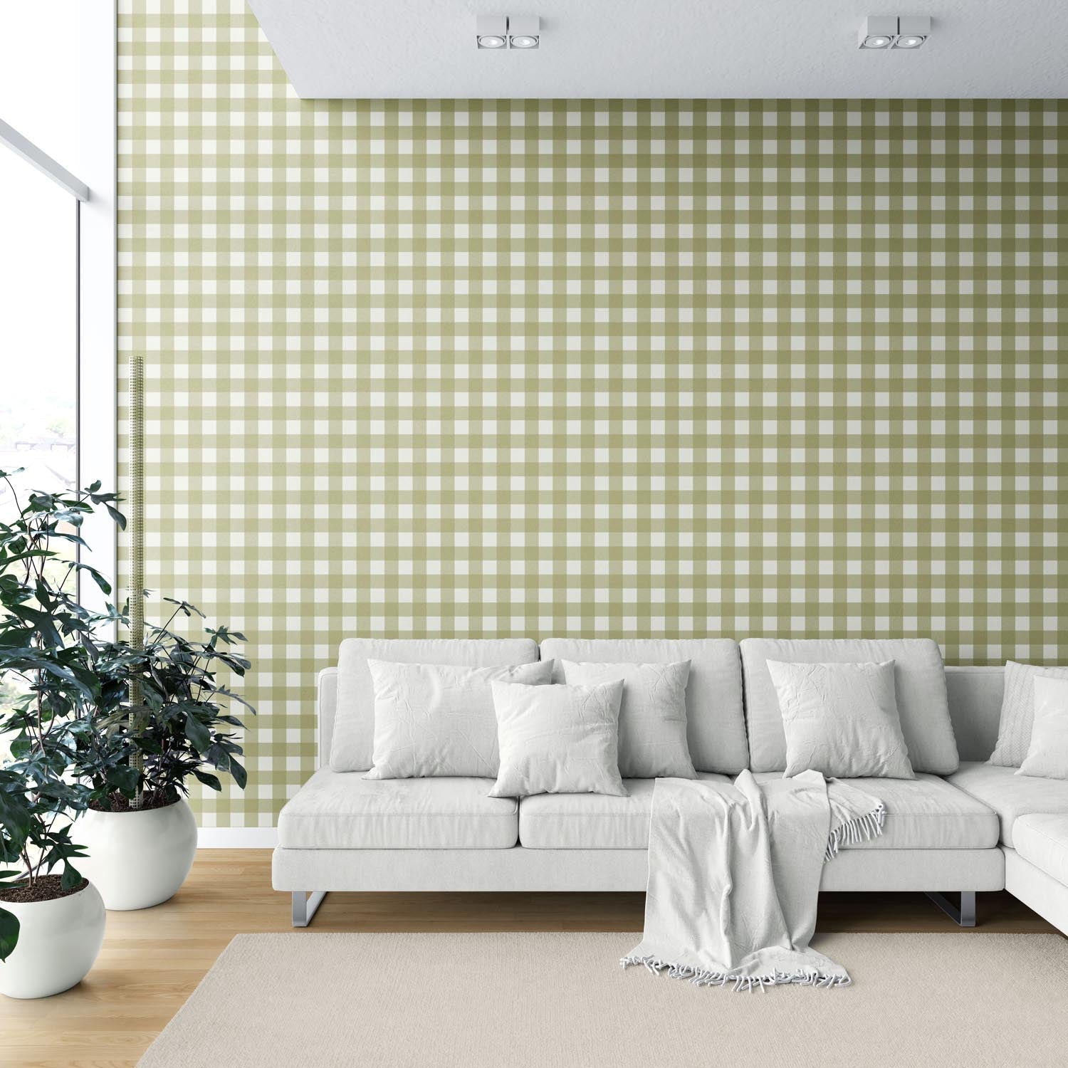 Geometric Gingham Checkered Shower Toilet Wallpaper Sample (Olive Green)