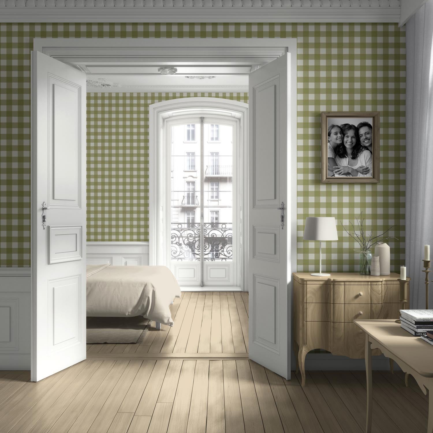 Geometric Gingham Checkered Kitchen Wallpaper Sample (Olive Green)