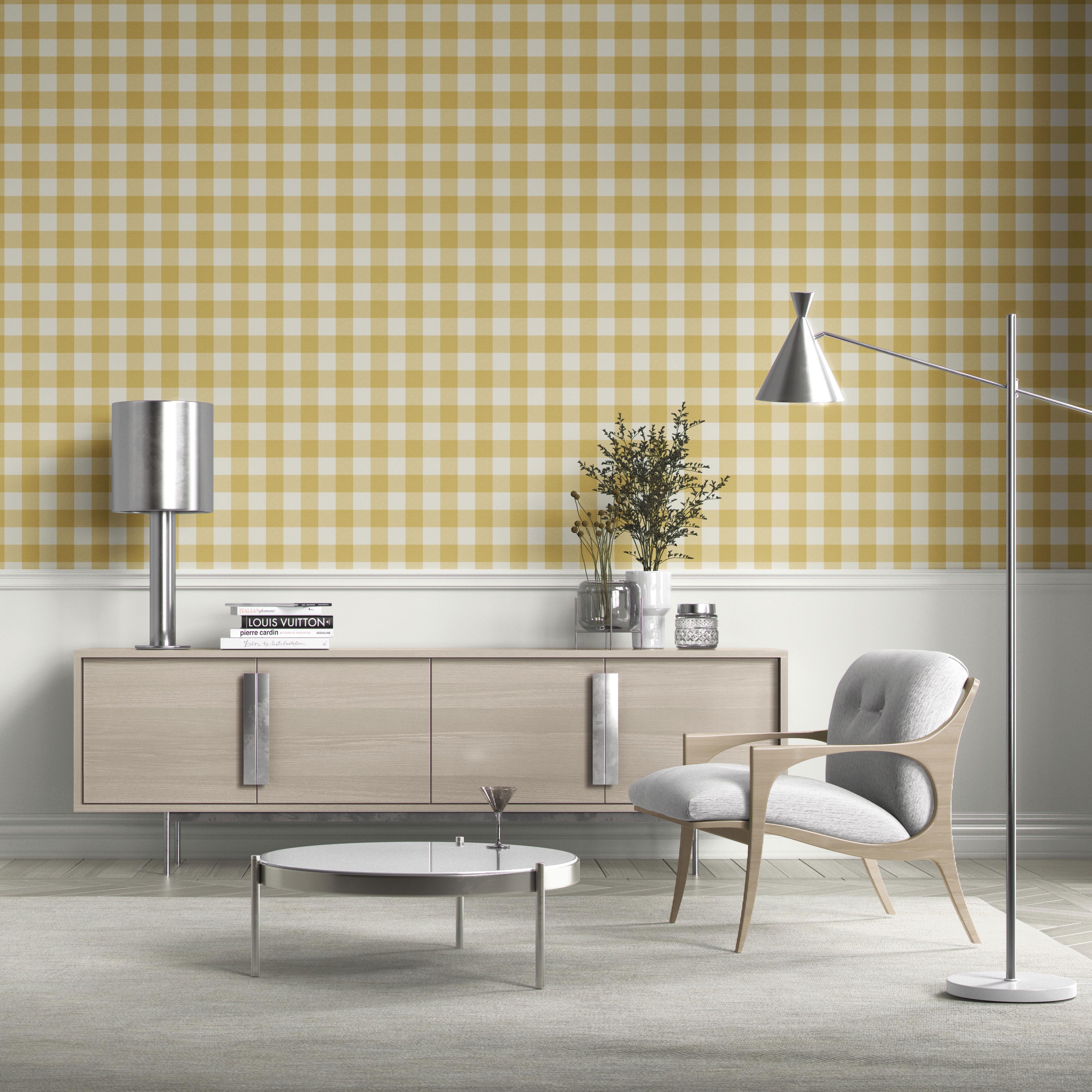 Geometric Gingham Checkered Bathroom Wallpaper (Naples Yellow)