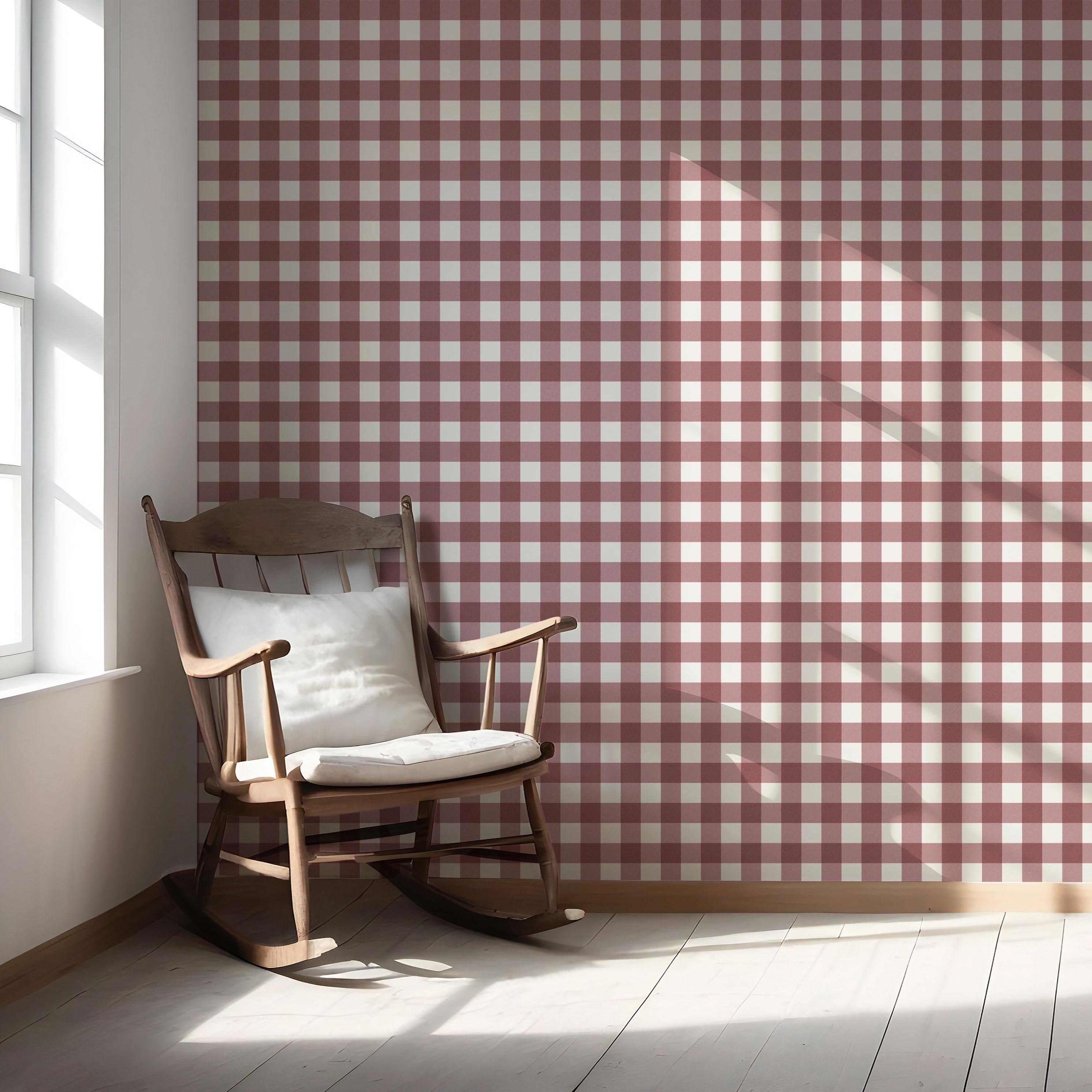 Geometric Gingham Checkered Nursery Wallpaper (Burgundy Red)