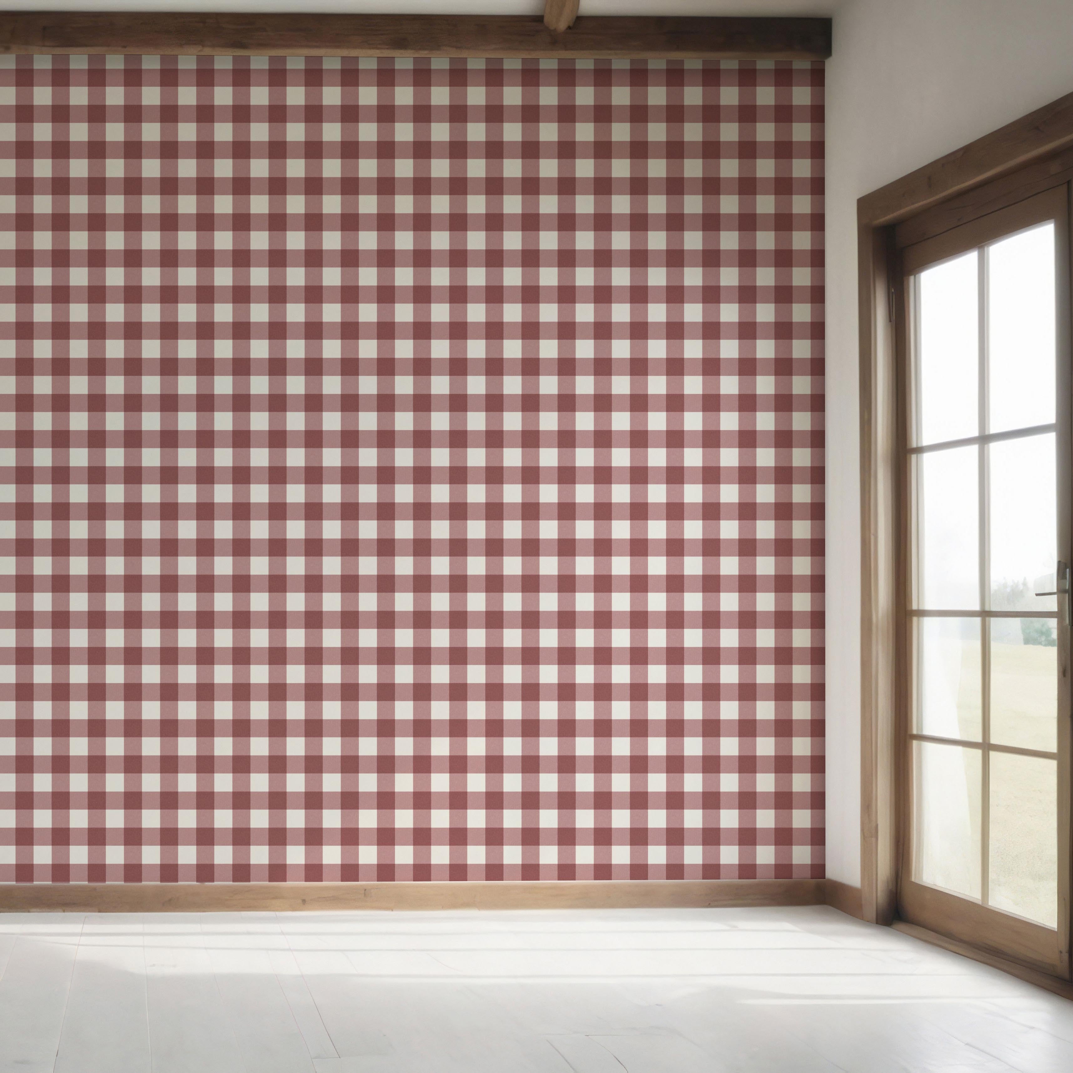 Geometric Gingham Checkered Bedroom Wallpaper Sample (Burgundy Red)