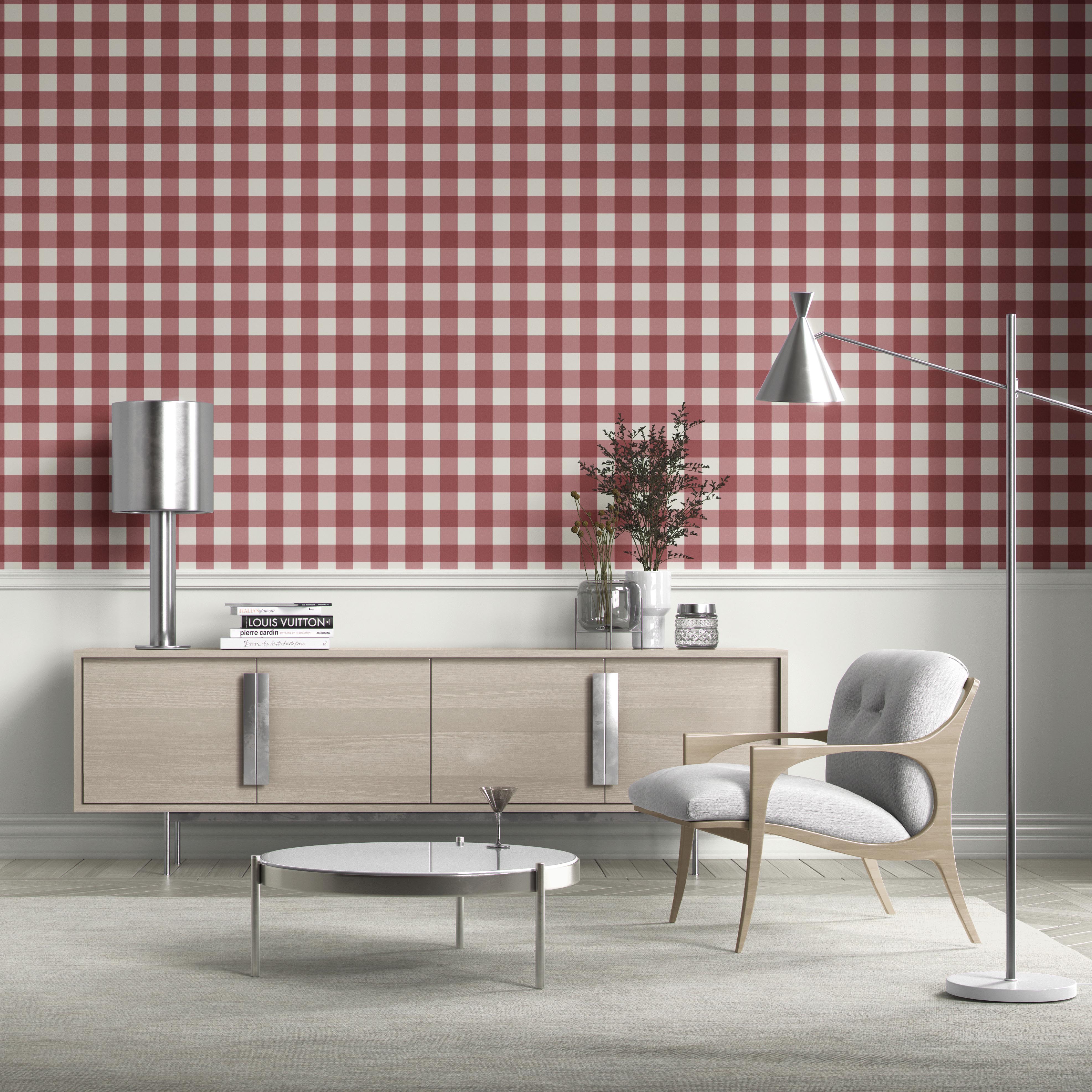 Geometric Gingham Checkered Bathroom Wallpaper (Burgundy Red)