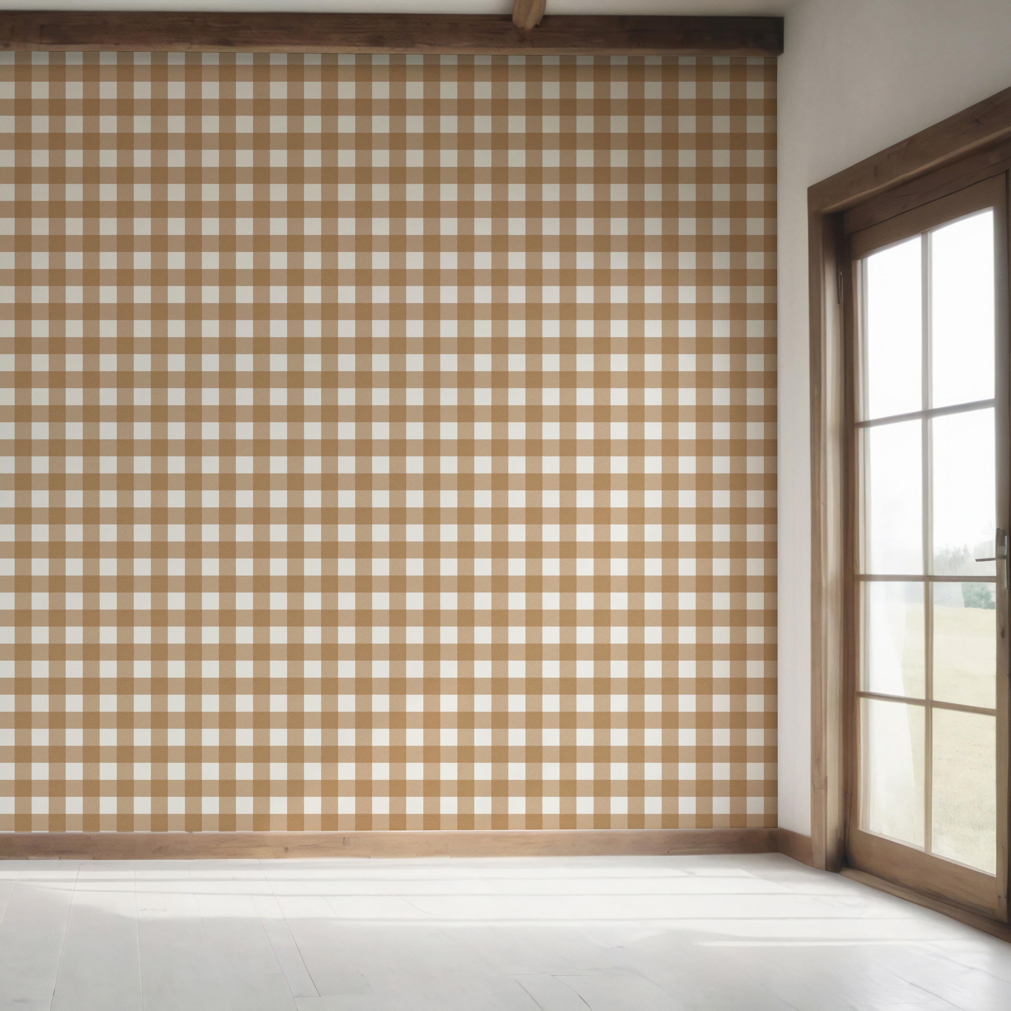 Geometric Gingham Checkered Bedroom Wallpaper (Ochre Orange)
