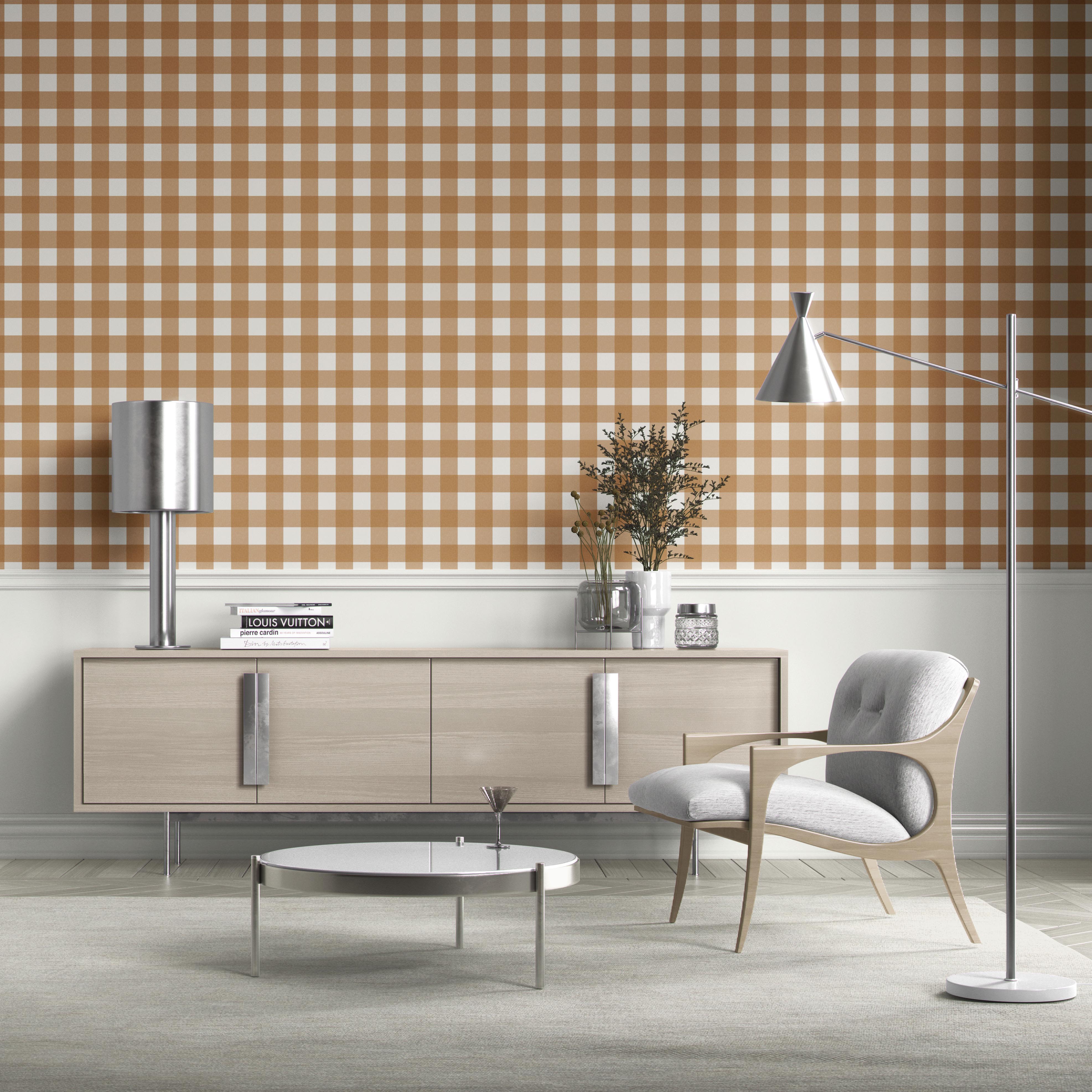Geometric Gingham Checkered Bathroom Wallpaper Sample (Ochre Orange)