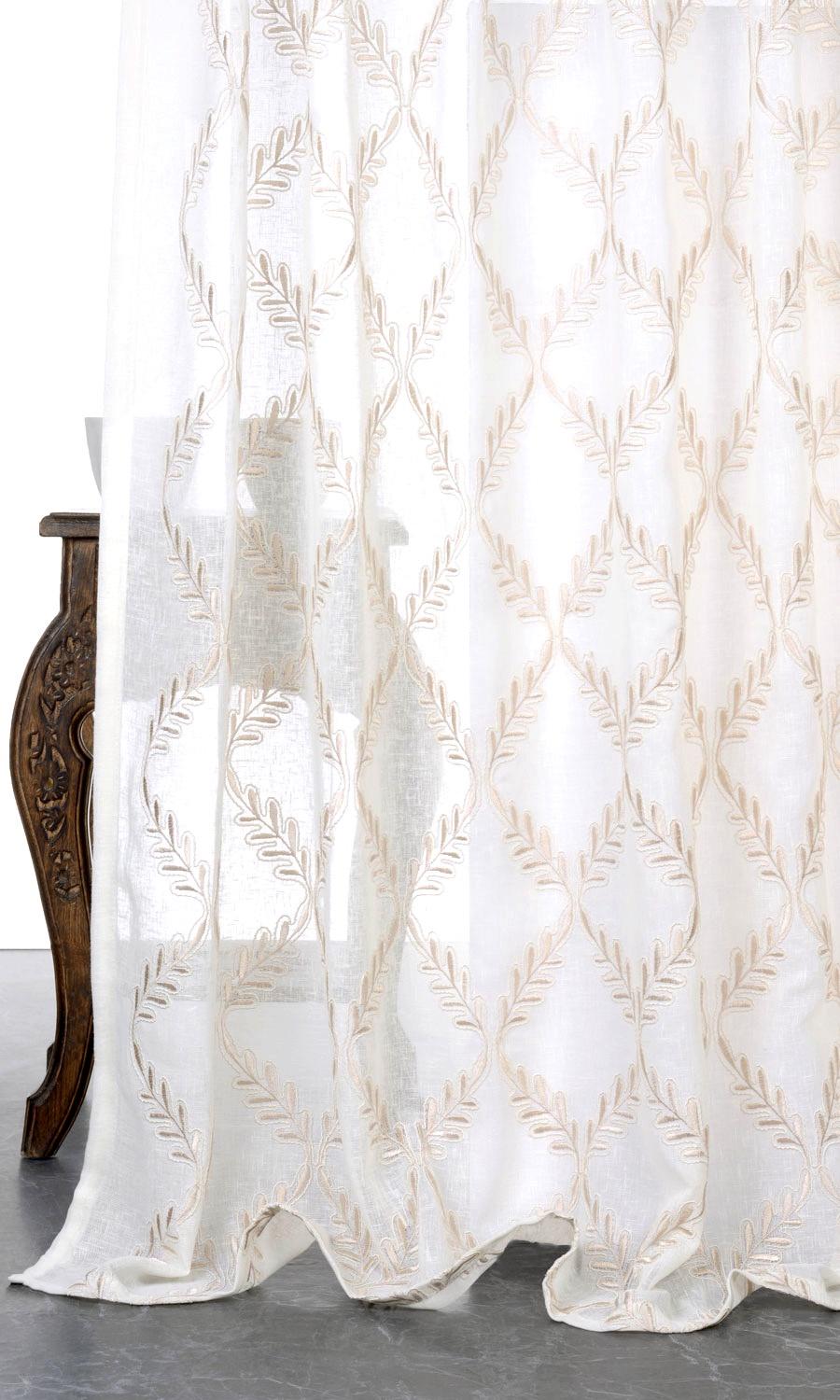 Sheer Floral Embroidered Home Décor Fabric By the Yard (White/ Beige)