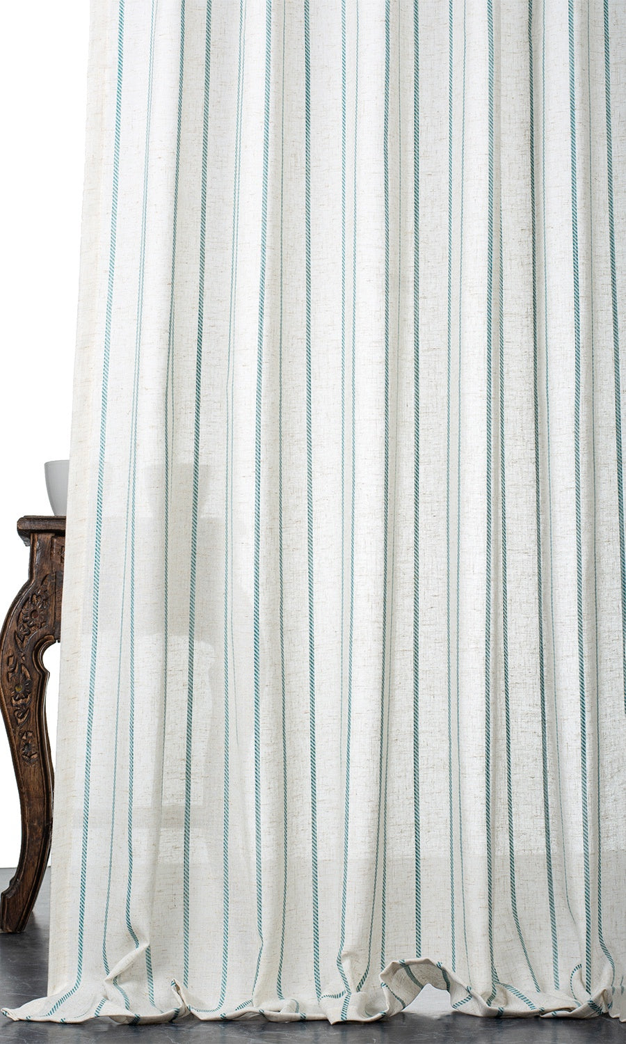Striped Sheer Window Treatments Fabric By the Yard (White/ Turquoise Blue)
