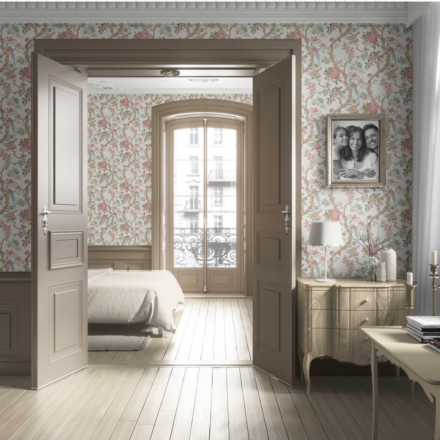 Floral/ Bird Print Chinoiserie Living Room Wallpaper Sample (Pink/ Green/ Duck Egg Blue)