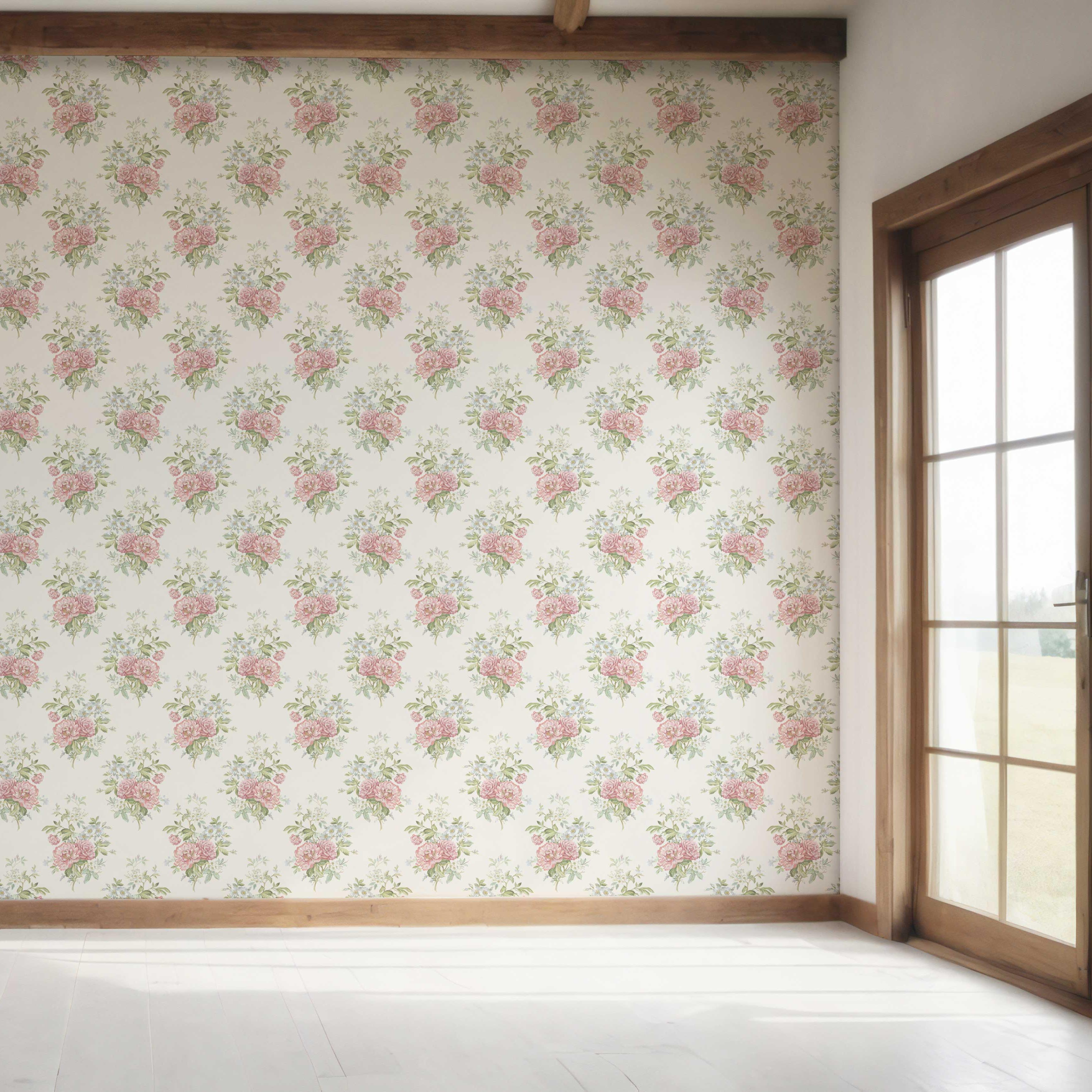Floral Block Print Bedroom Wallpaper (Cream/ Soft Pink/ Green/ Duck Egg Blue)