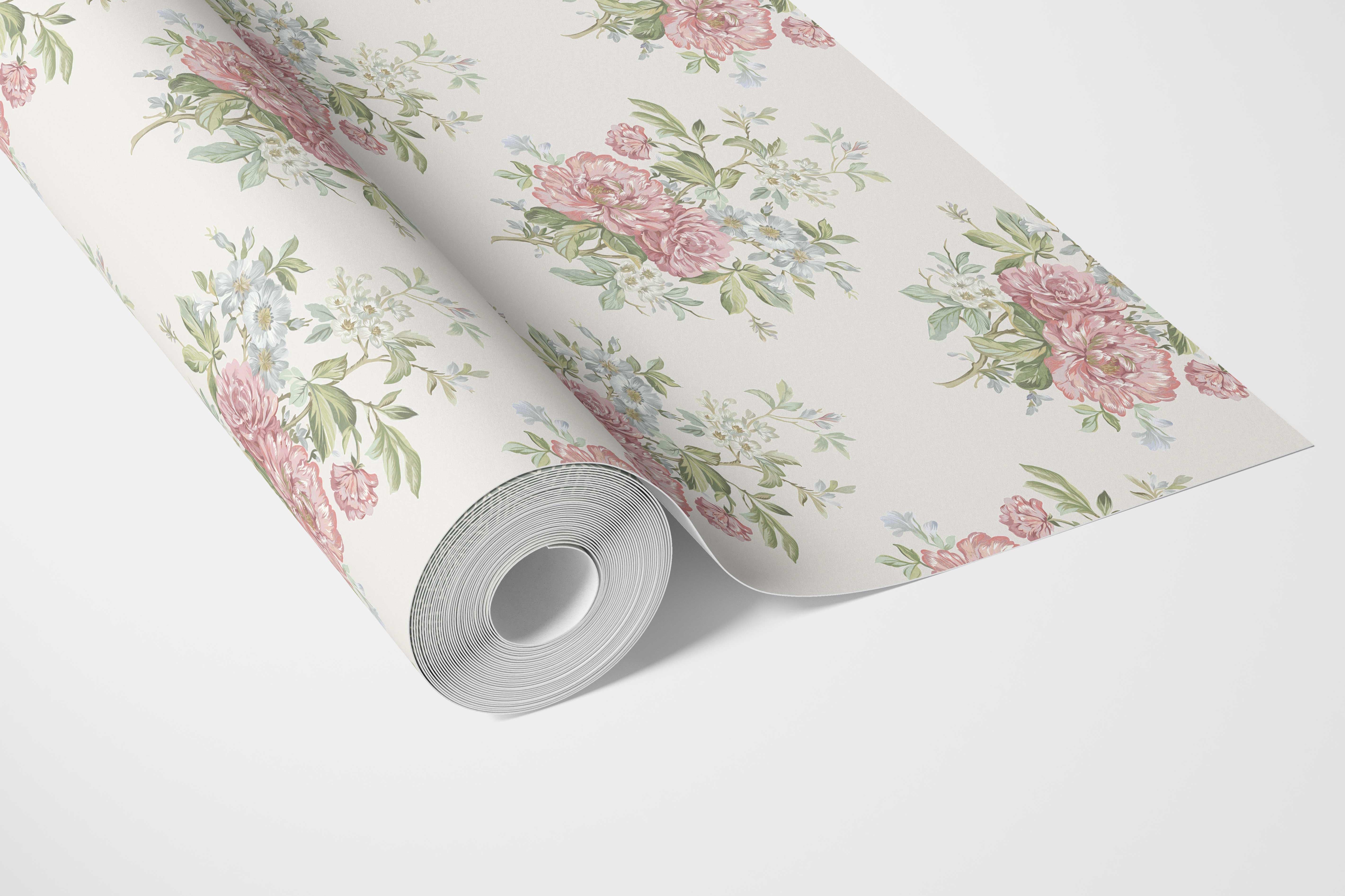 Floral Block Print Bathroom Wallpaper (Cream/ Soft Pink/ Green/ Duck Egg Blue)