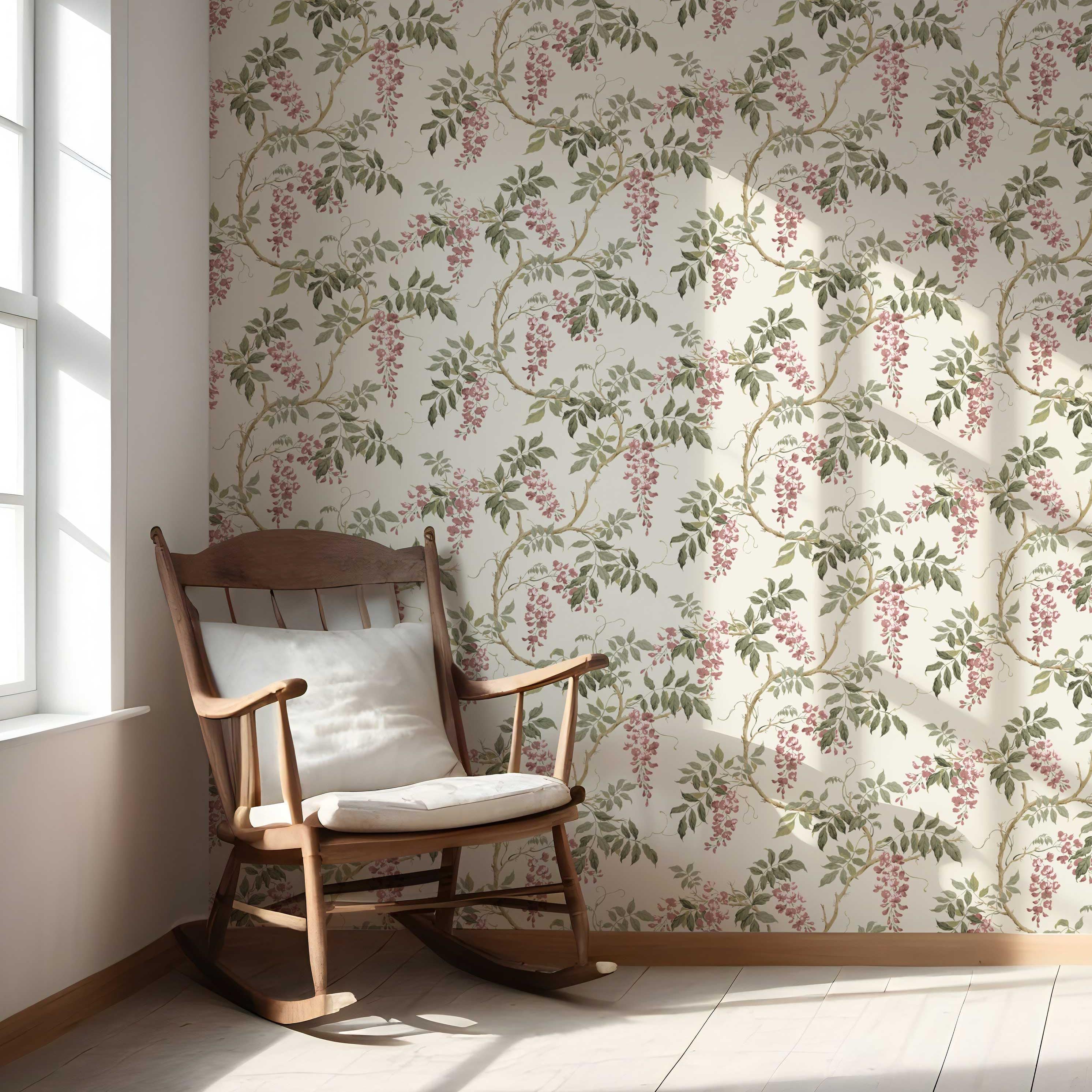 Floral Vine/ Botanical Patterned Nursery Wallpaper Sample (Cream/ Pink/ Green)
