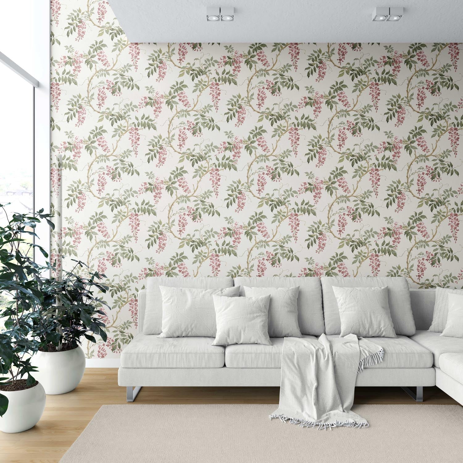 Floral Vine/ Botanical Patterned Shower Toilet Wallpaper (Cream/ Pink/ Green)