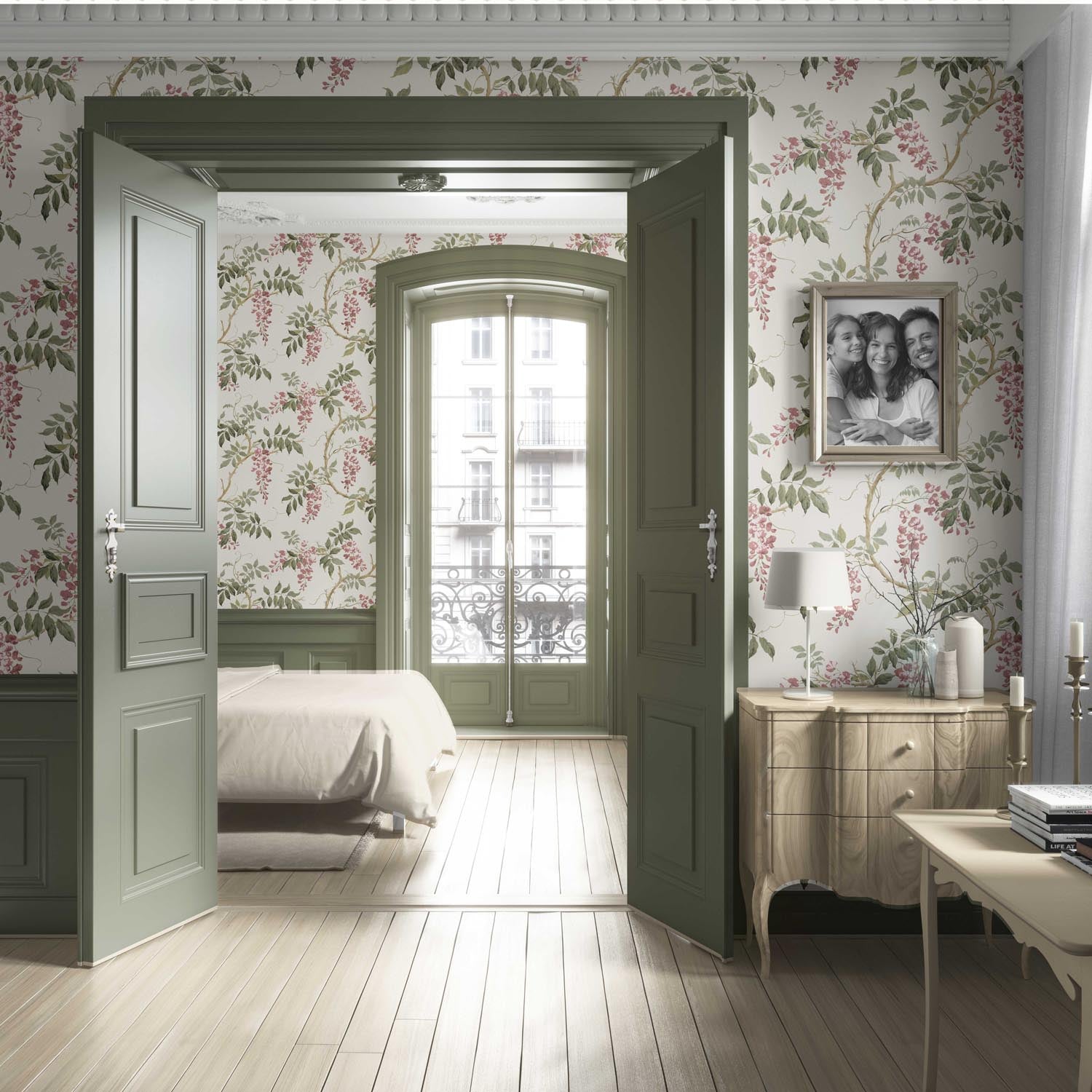 Floral Vine/ Botanical Patterned Living Room Wallpaper (Cream/ Pink/ Green)
