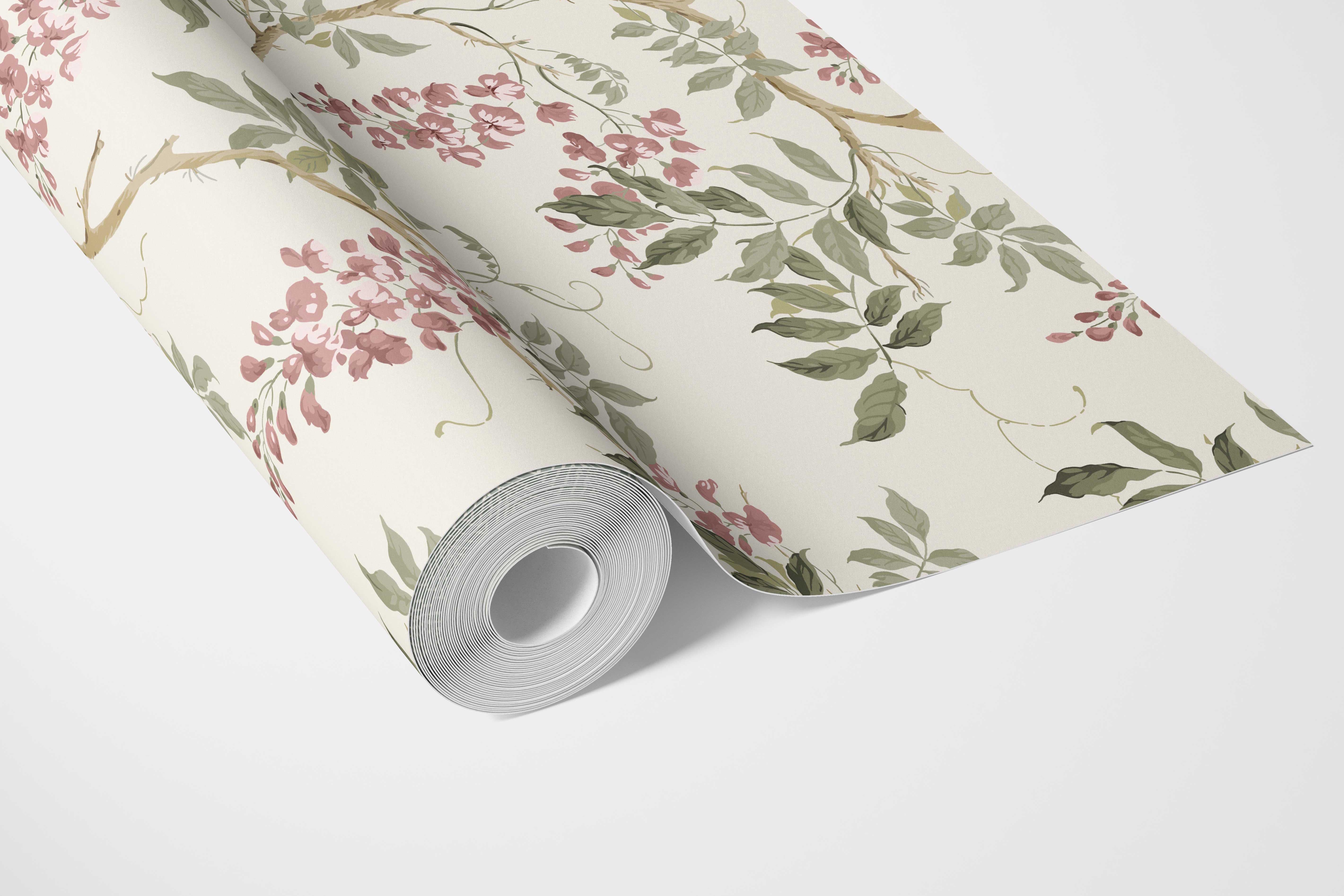 Floral Vine/ Botanical Patterned Bathroom Wallpaper Sample (Cream/ Pink/ Green)