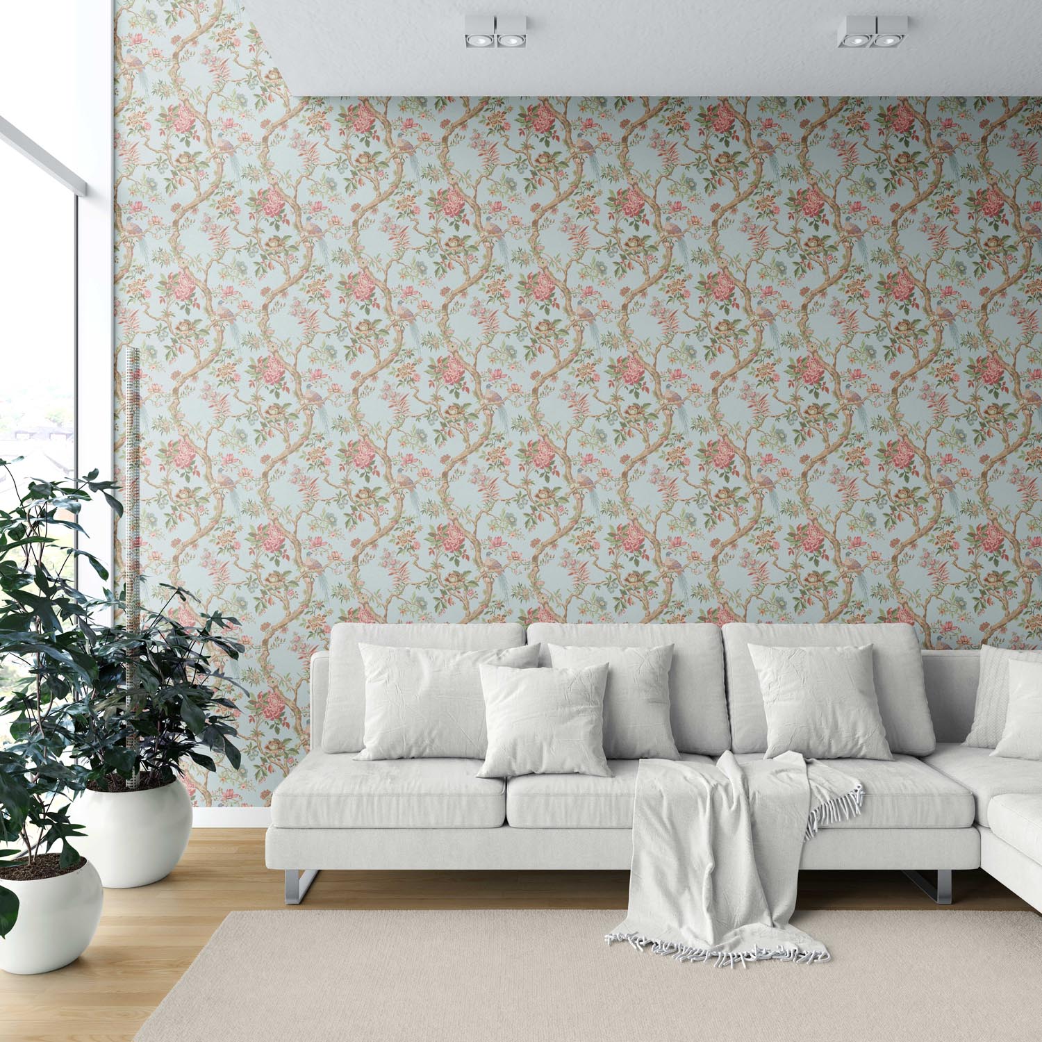 Floral/ Bird Print Chinoiserie Shower Toilet Wallpaper Sample (Blue/ Coral Pink/ Green)