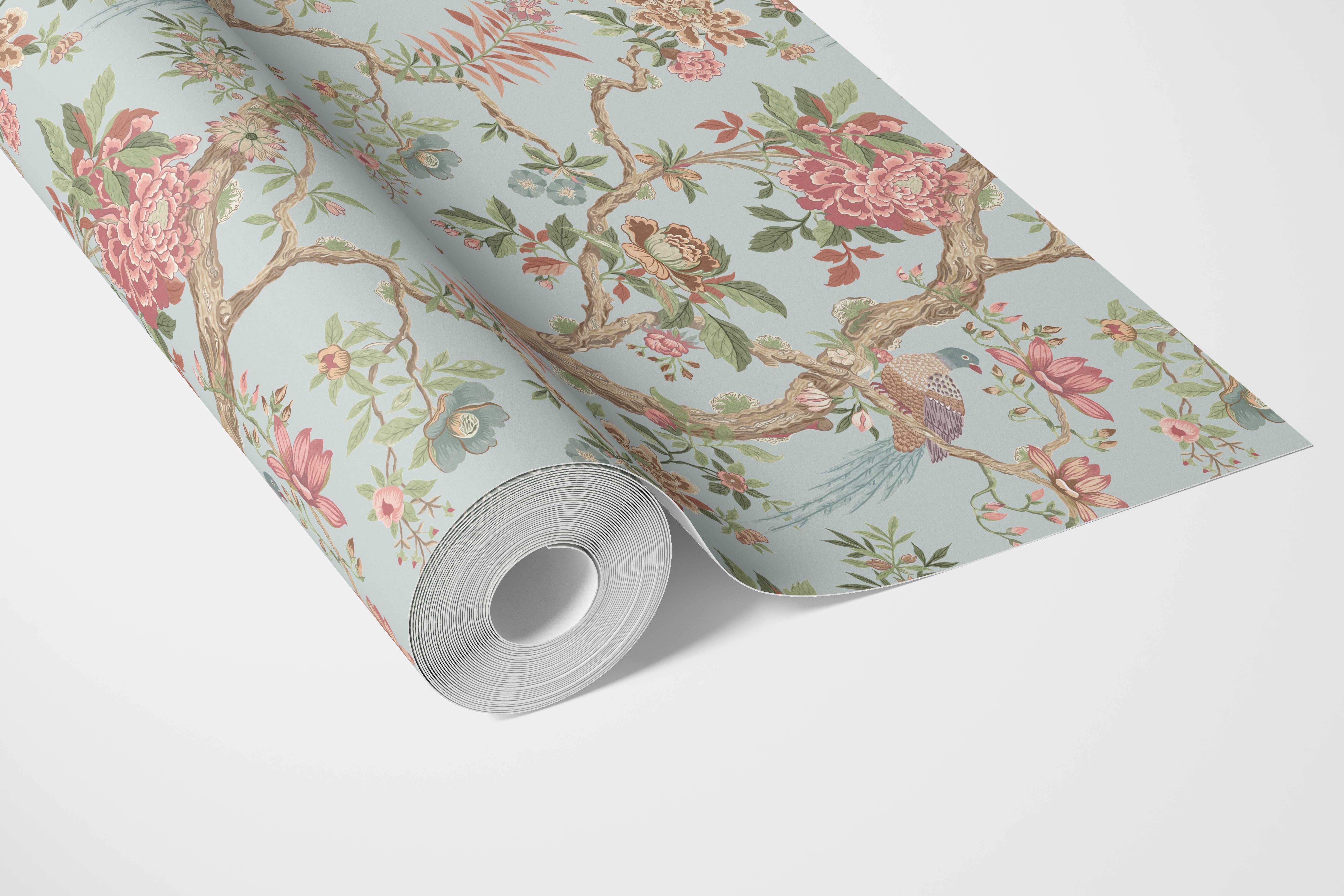 Floral/ Bird Print Chinoiserie Bathroom Wallpaper Sample (Blue/ Coral Pink/ Green)