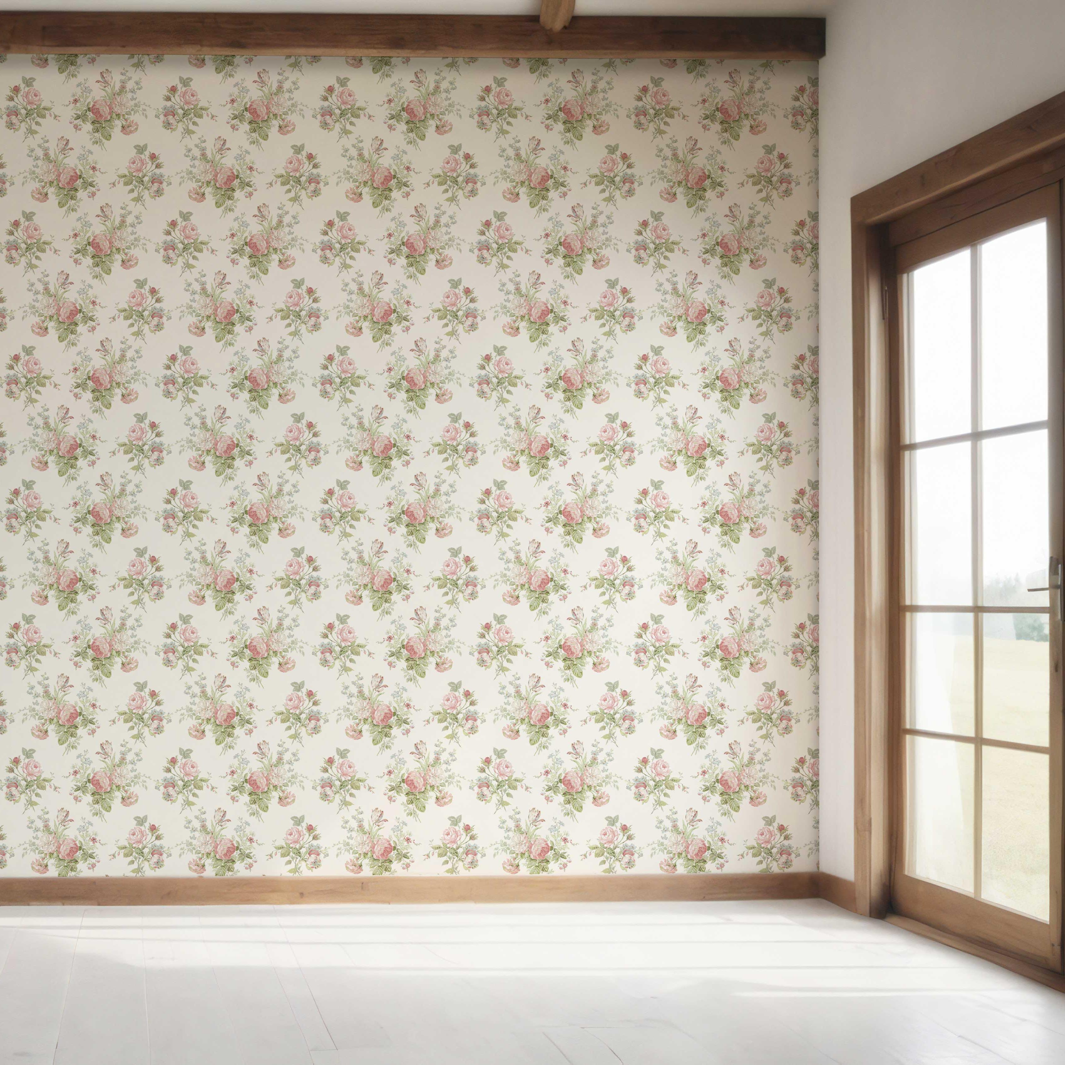 Patterned Floral Block Print Bedroom Wallpaper (Cream/ Soft Pink/ Green/ Blue)