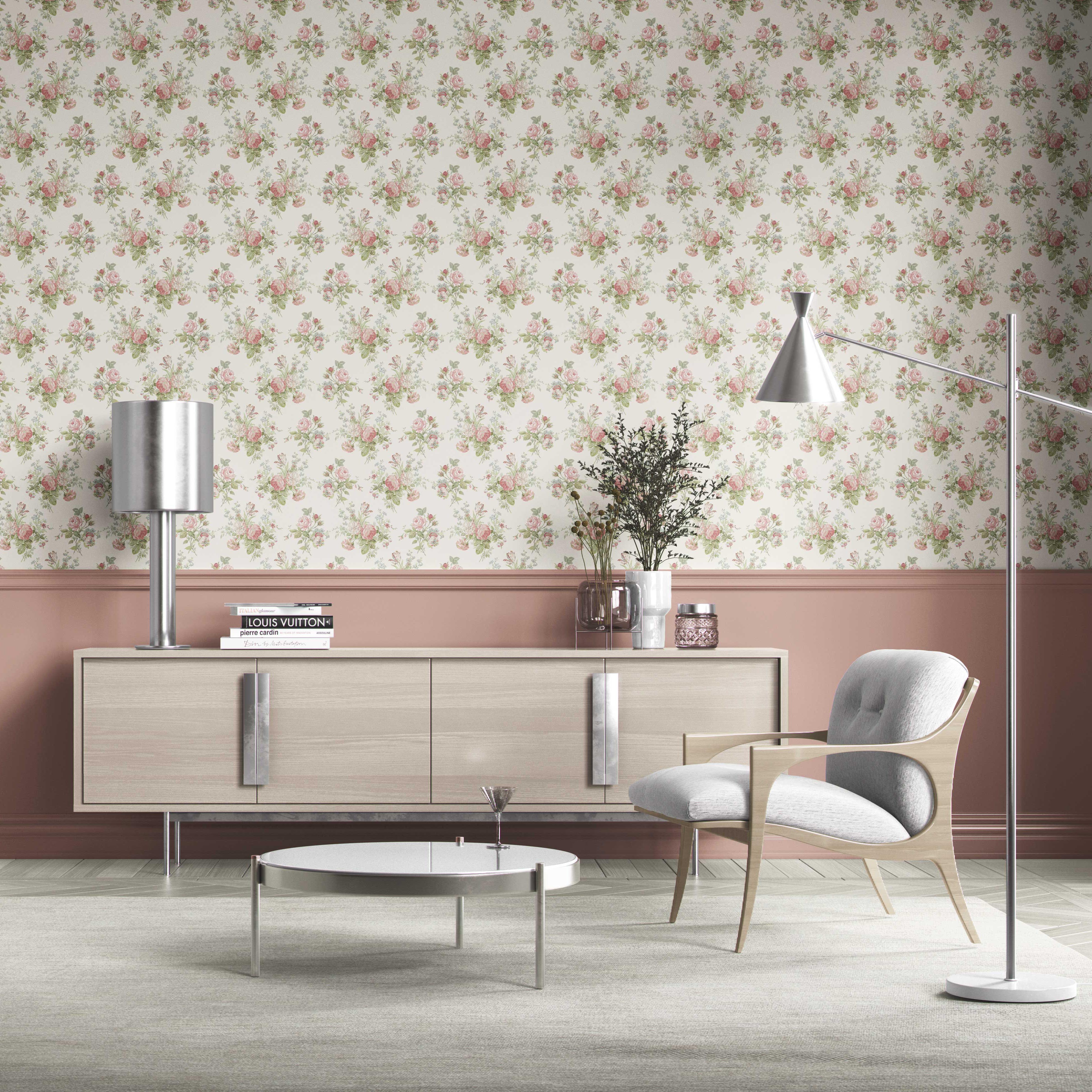 Patterned Floral Block Print Kitchen Wallpaper (Cream/ Soft Pink/ Green/ Blue)