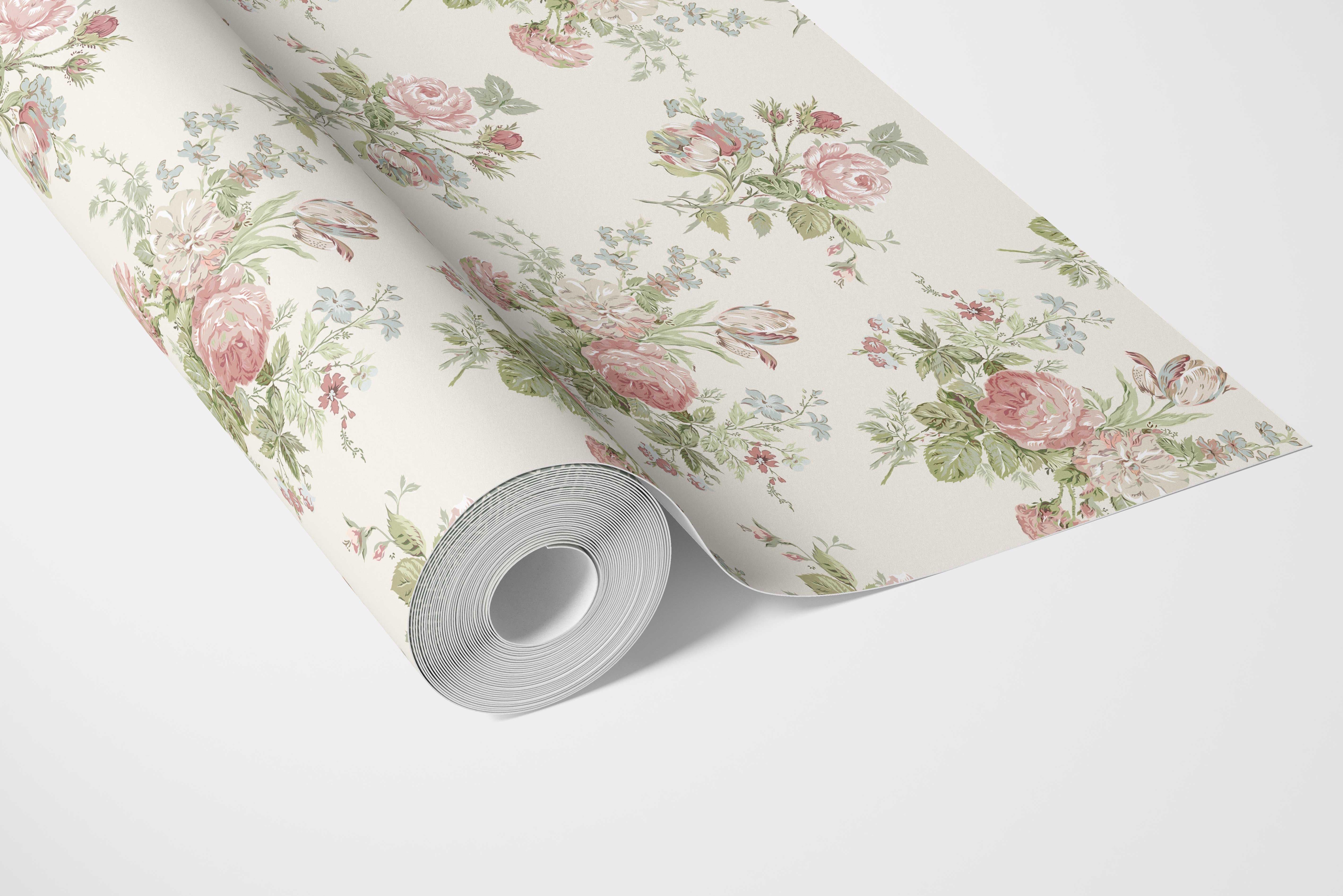 Patterned Floral Block Print Bathroom Wallpaper (Cream/ Soft Pink/ Green/ Blue)