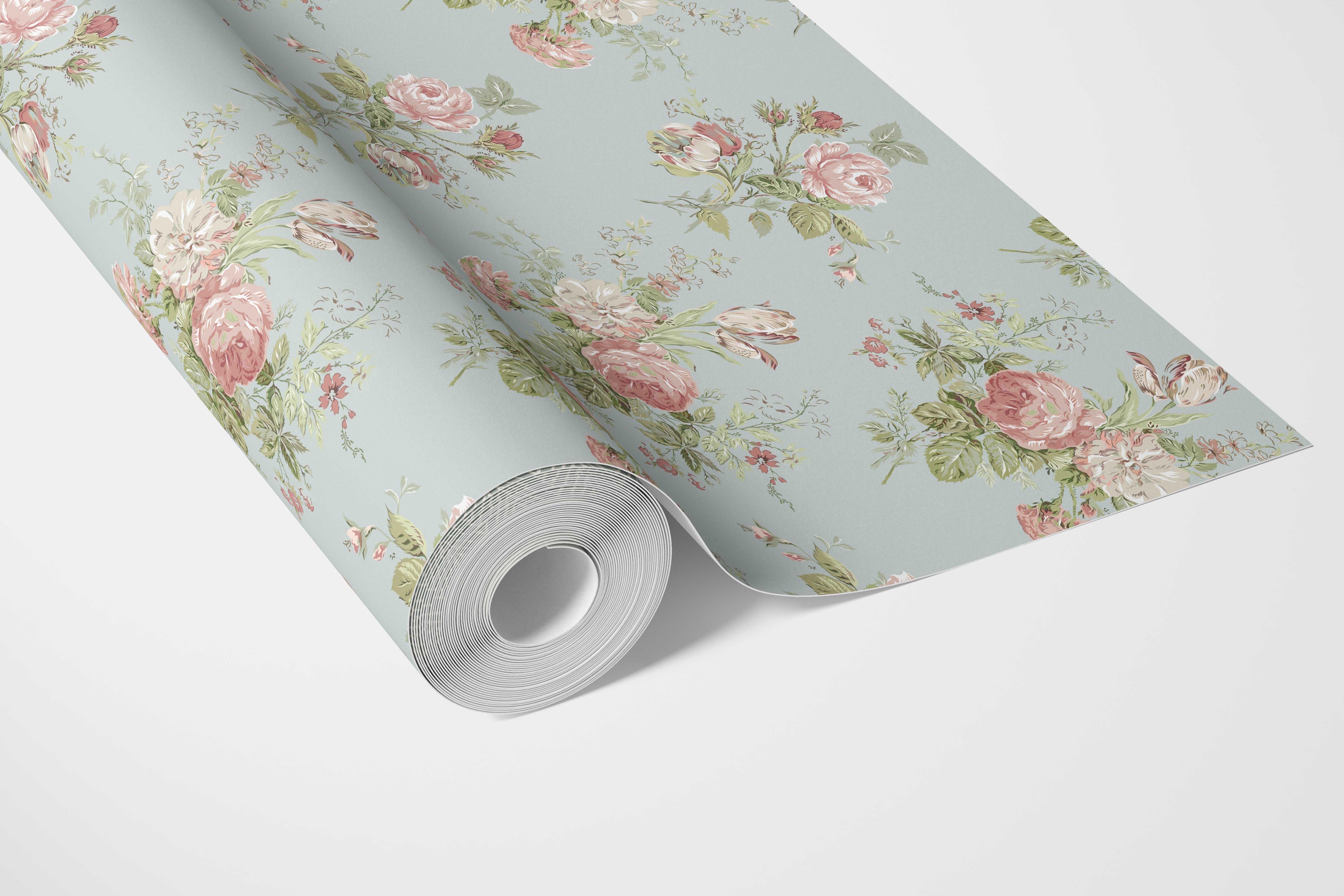 Patterned Floral Block Print Bathroom Wallpaper (Blue/ Pink/ Green)