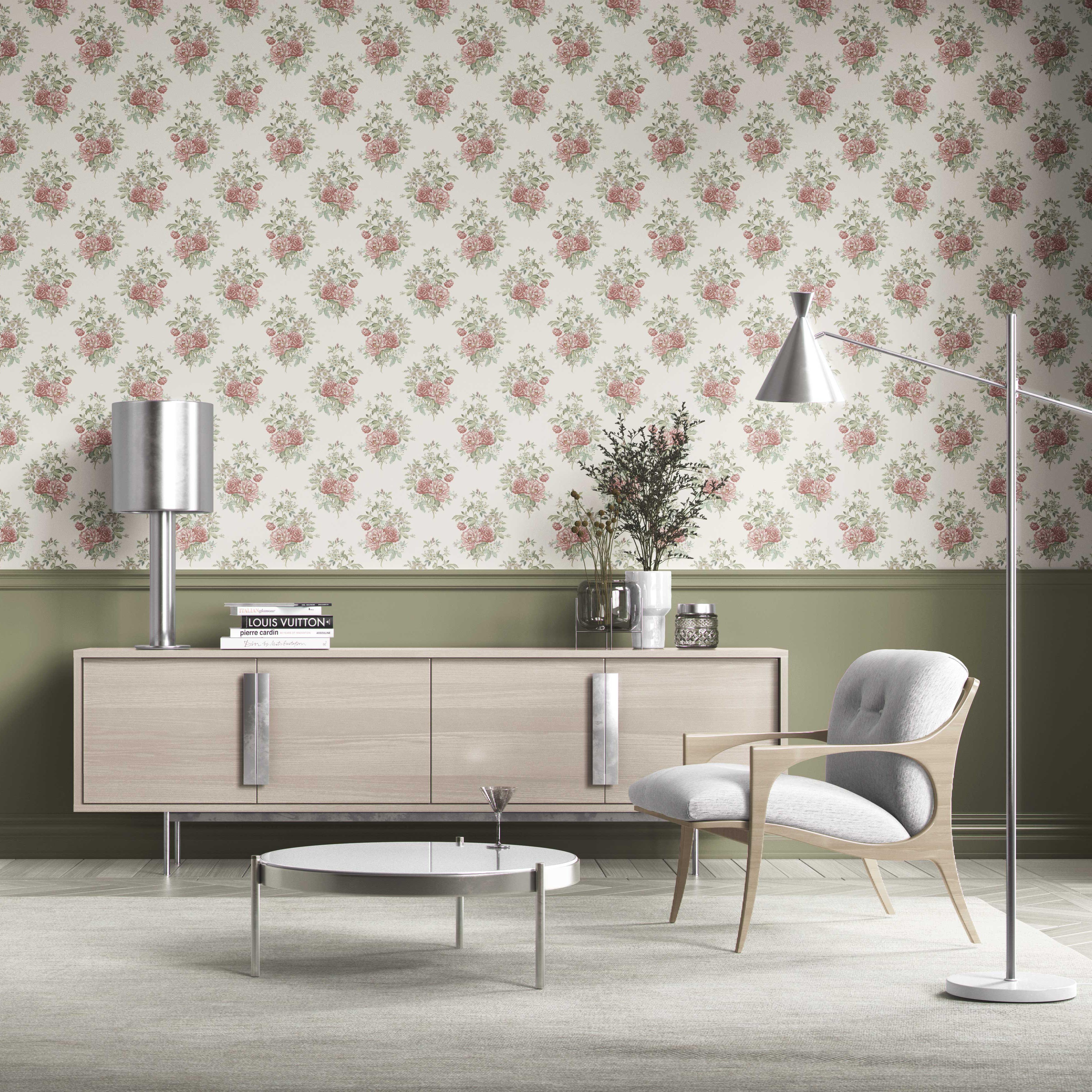 Floral Block Print Kitchen Wallpaper Sample (Cream/ Red/ Leaf Green)